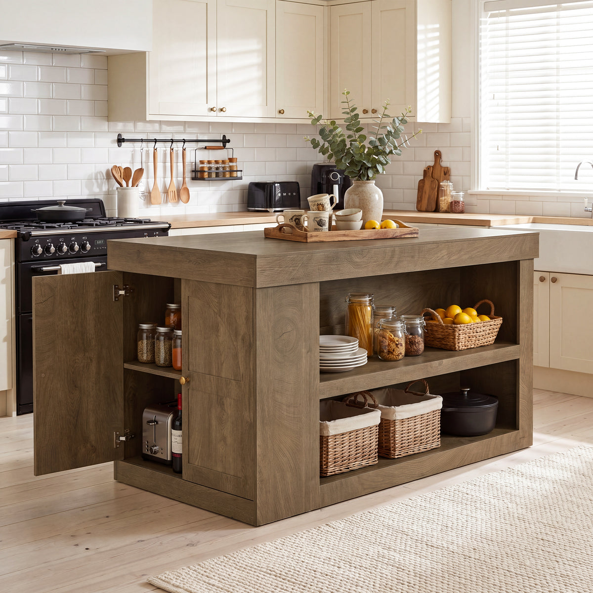 63" Kitchen Island, 3-Tier Stationary Island Table with Open Storage Sheves & Cabinet