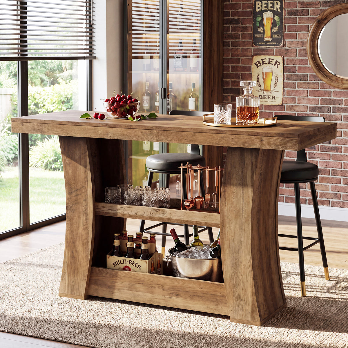 59.06" Bar Table, Counter Height Pub Table with 2-Tier Storage Shelves for Home Bar