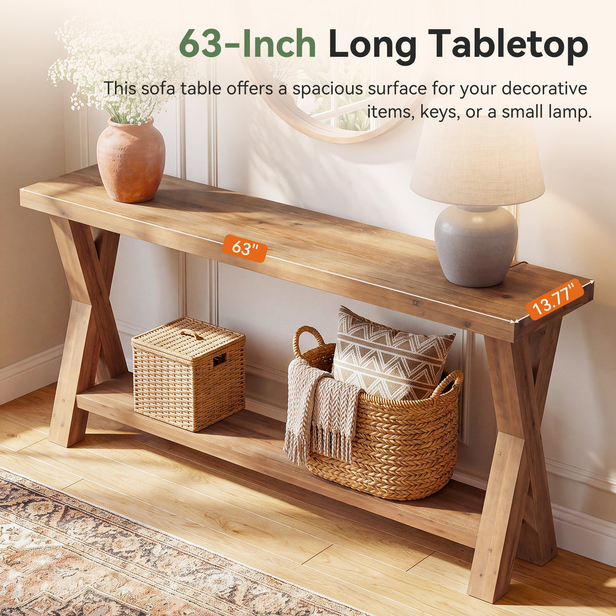63" Solid Wood Console Table, 2-Tier Entryway Sofa Table with X-Brace Leg for Hallway
