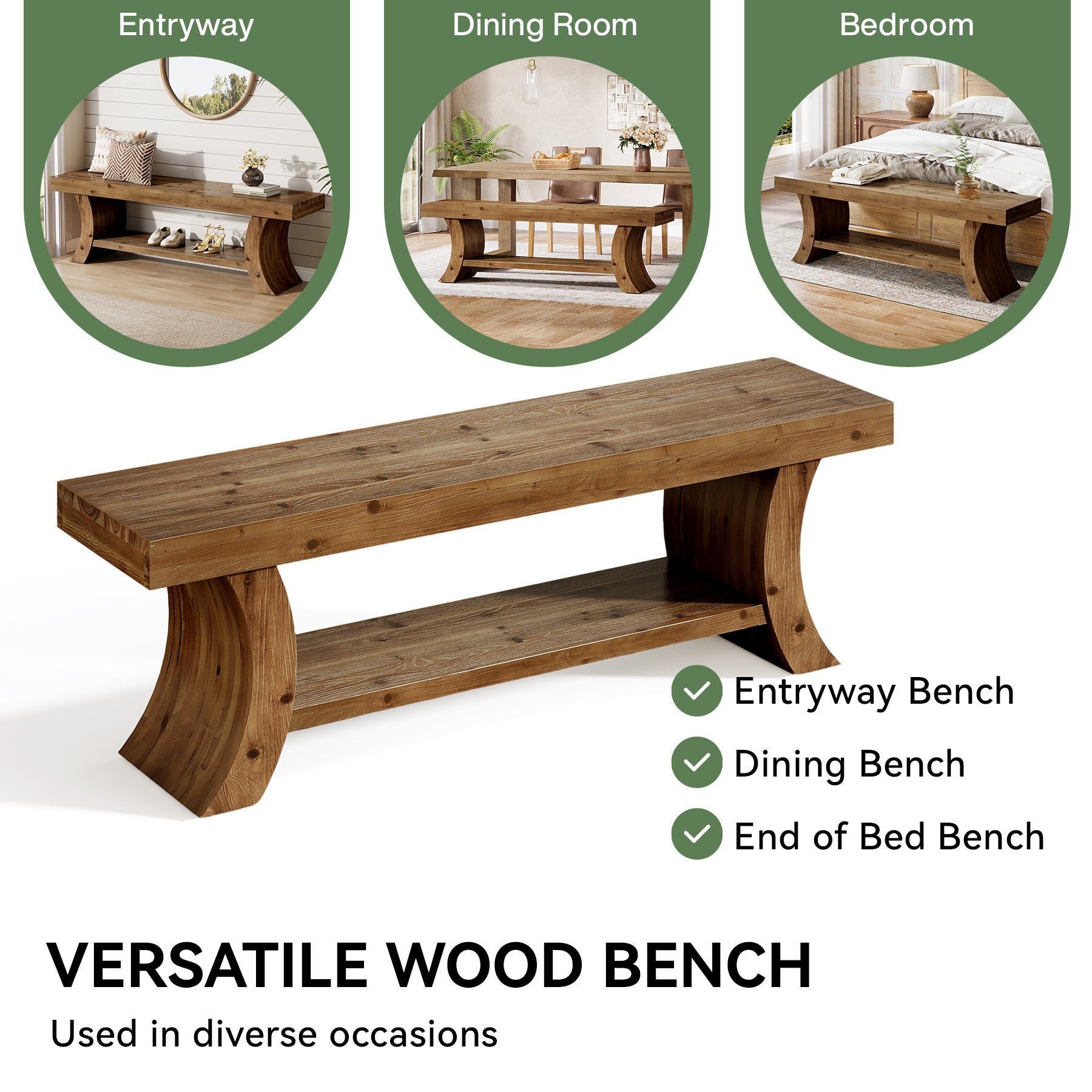 55" Solid Wood Dining Bench with Storage Shelf, Farmhouse Kitchen & Dining Table Bench Seating