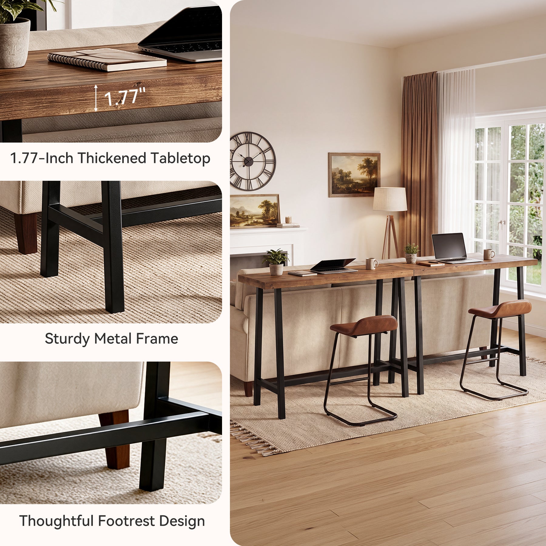86" Extra Long Industrial Bar Table, Counter Height Solid Wood Pub Table, Narrow High Top