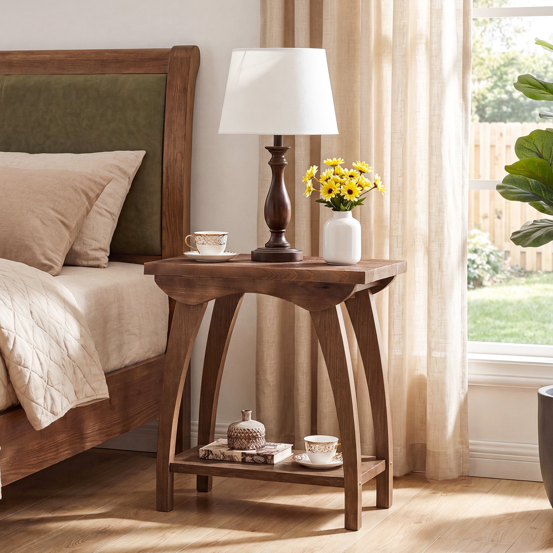 2-Tier Solid Wood End Table, Rectangle Sofa Side Table with Shelf for Living Room