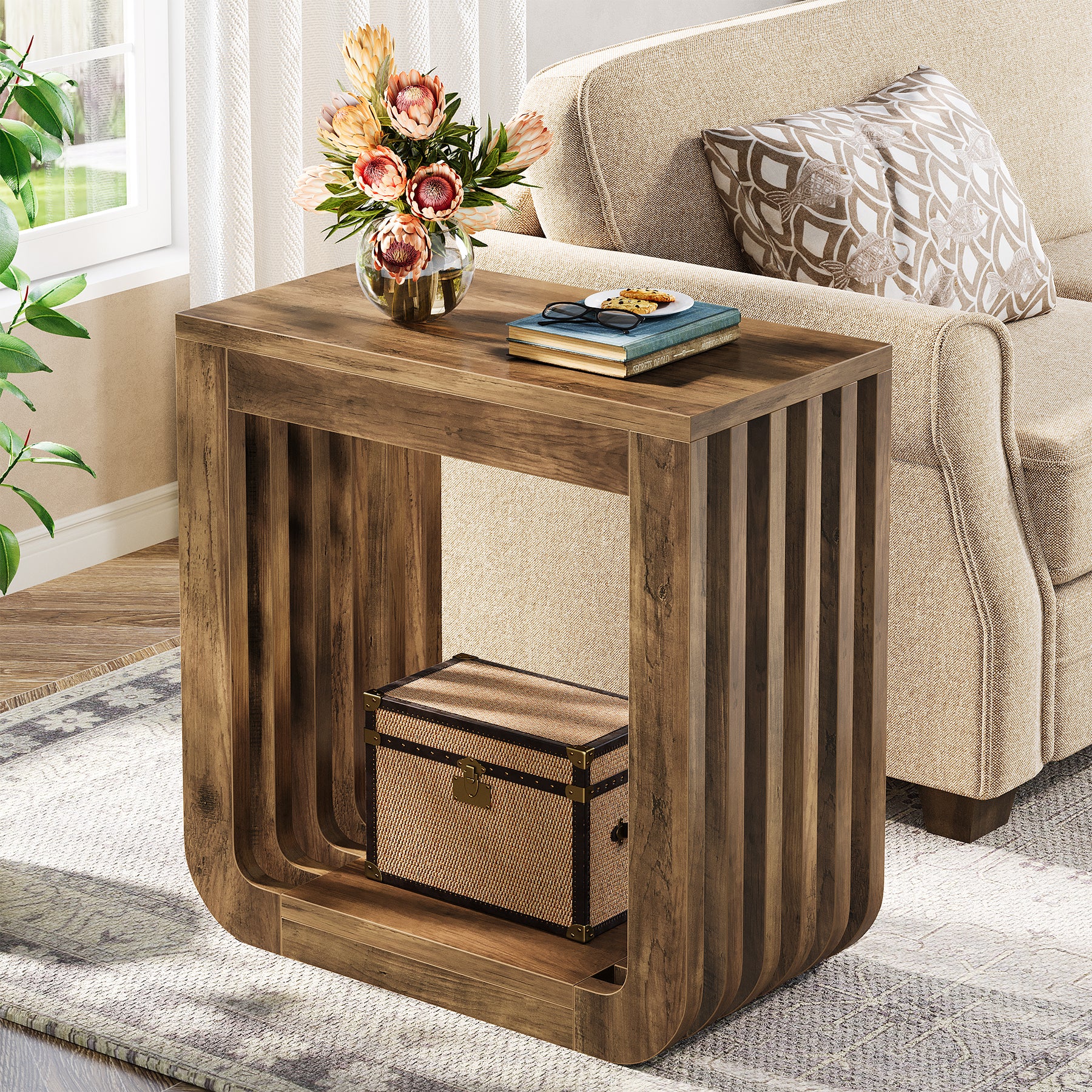 Narrow Sofa Side Table, Farmhouse End Table with Slatted Open Frame