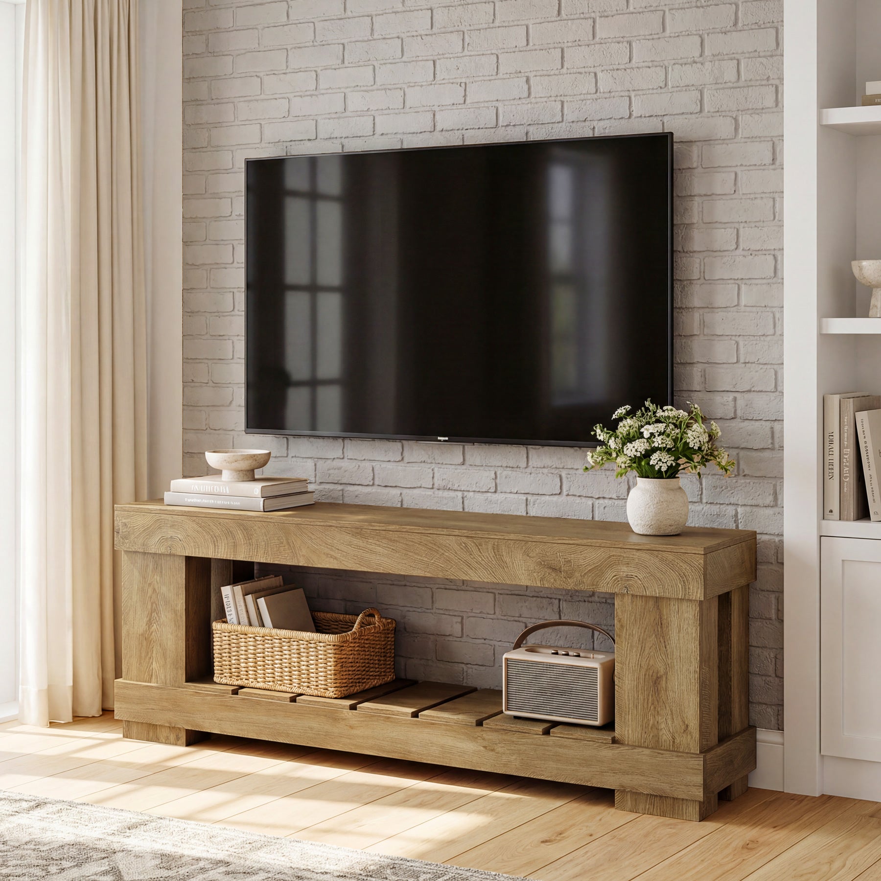 63" TV Stand for 55-70 Inch TVs, Modern Rustic Media Console with Open Storage Shelf