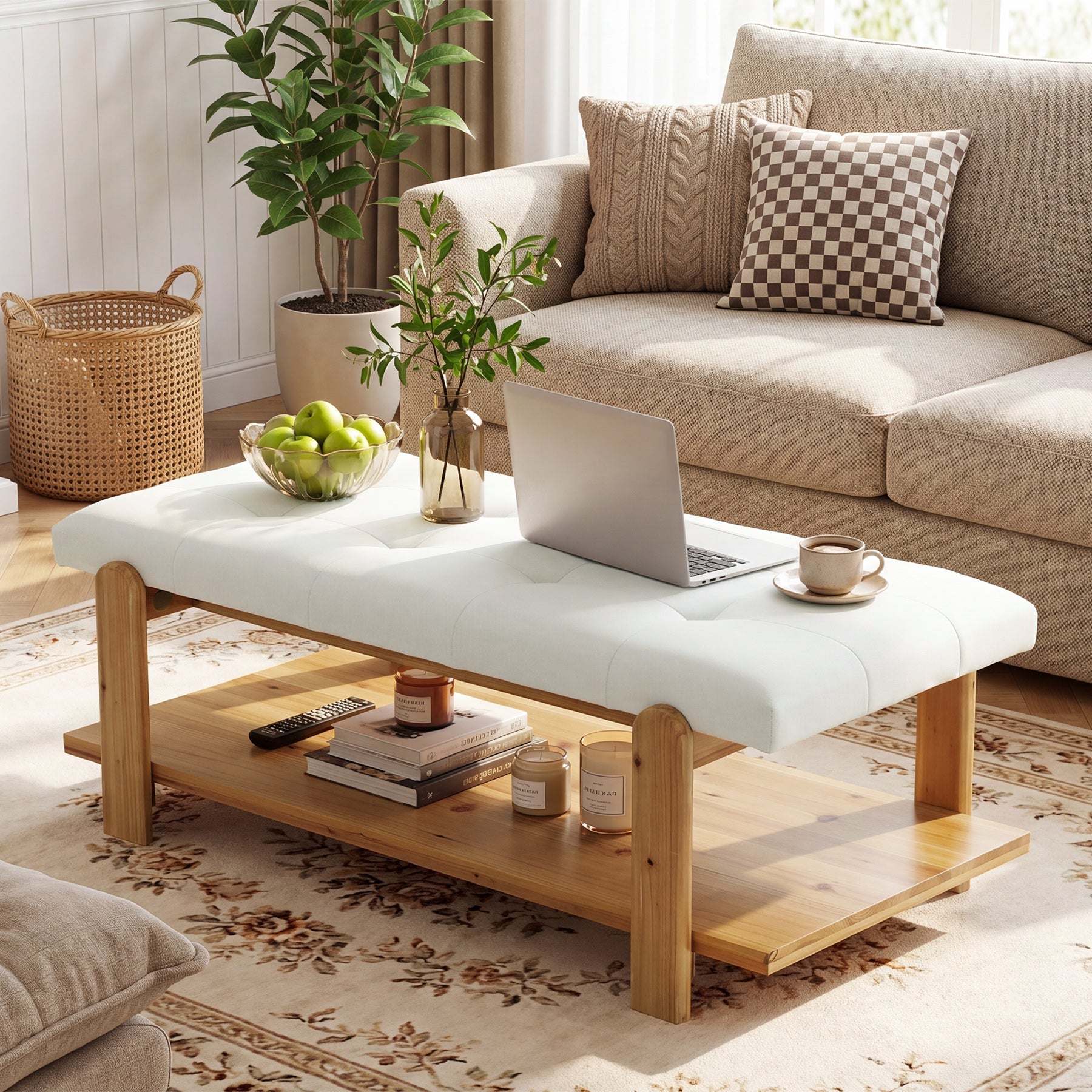 47.24" Ottoman Coffee Table, Rectangle Large Footrest Ottoman with Solid Frame and Storage Shelf