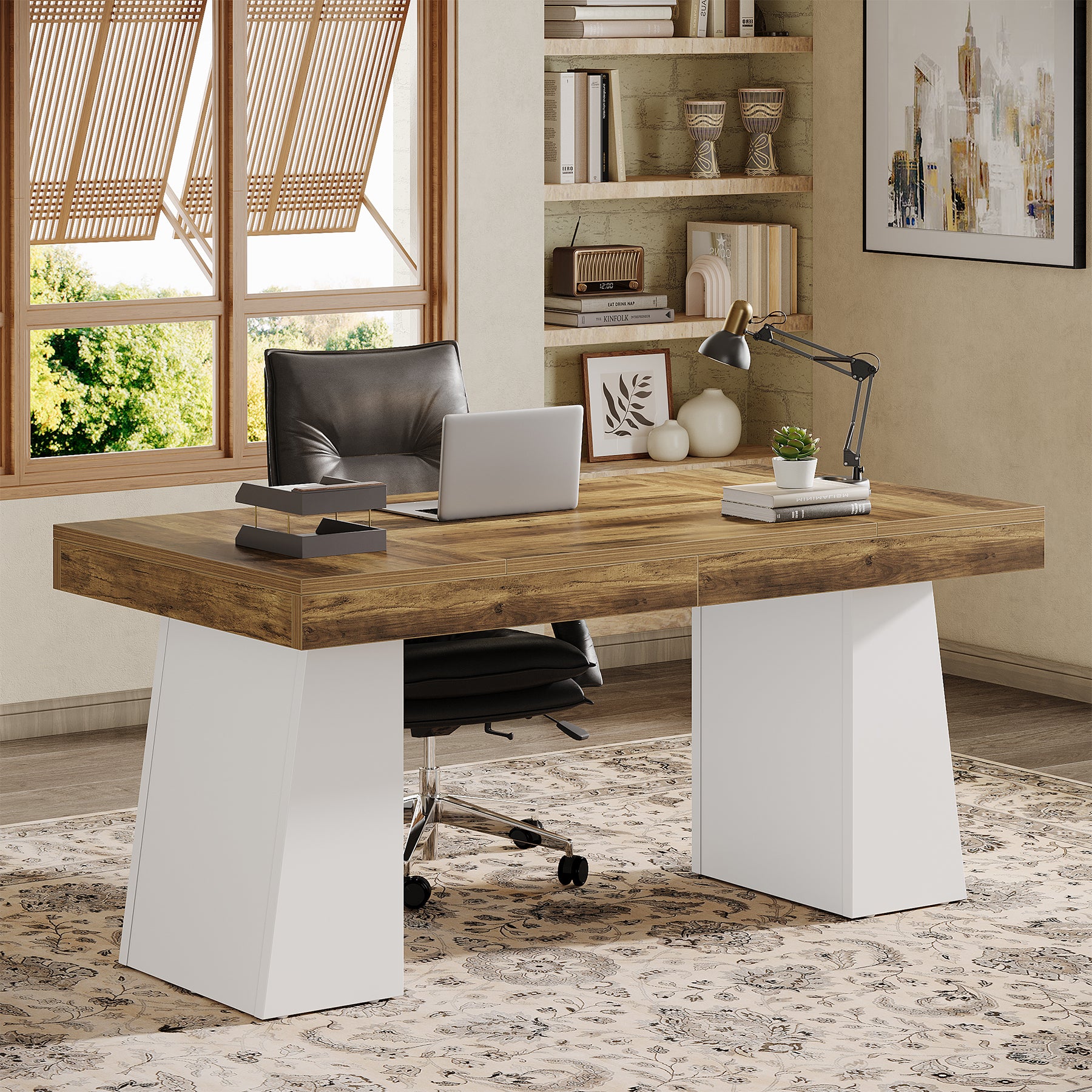 55" Executive Office Desk with Double Trapezoid Base, Modern Wooden Computer Desk for Home Office