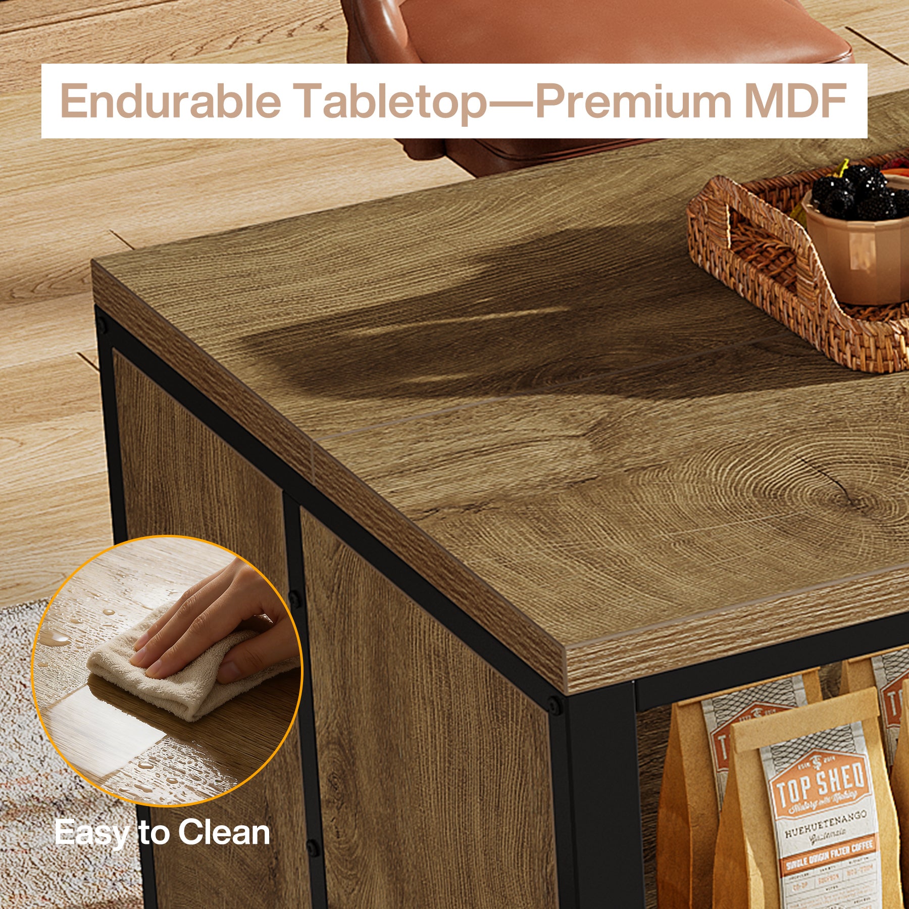 63" Kitchen Island with Storage, Large Coffee Bar Cabinet with Metal Frame