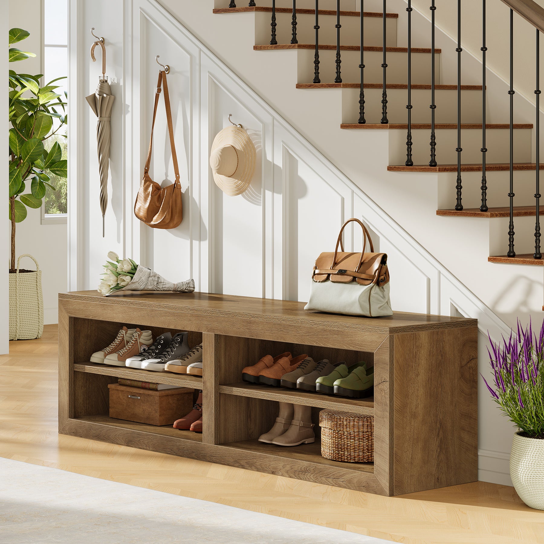 55" Entryway Shoe Bench, Farmhouse Storage Bench with 4 Cube Compartments