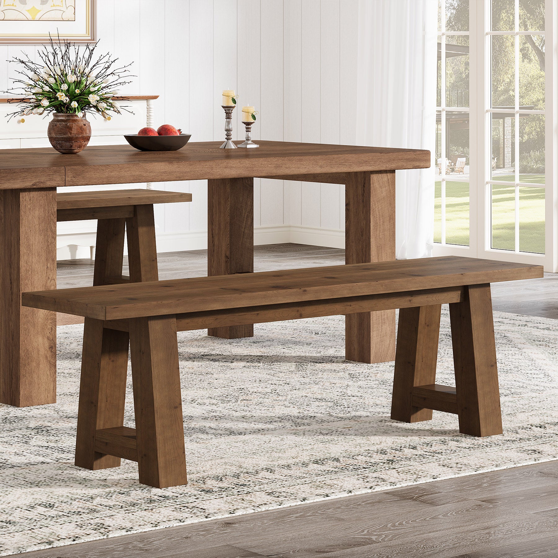 Solid Wood Dining Bench, 55" Entryway Bench with A-Shaped Legs
