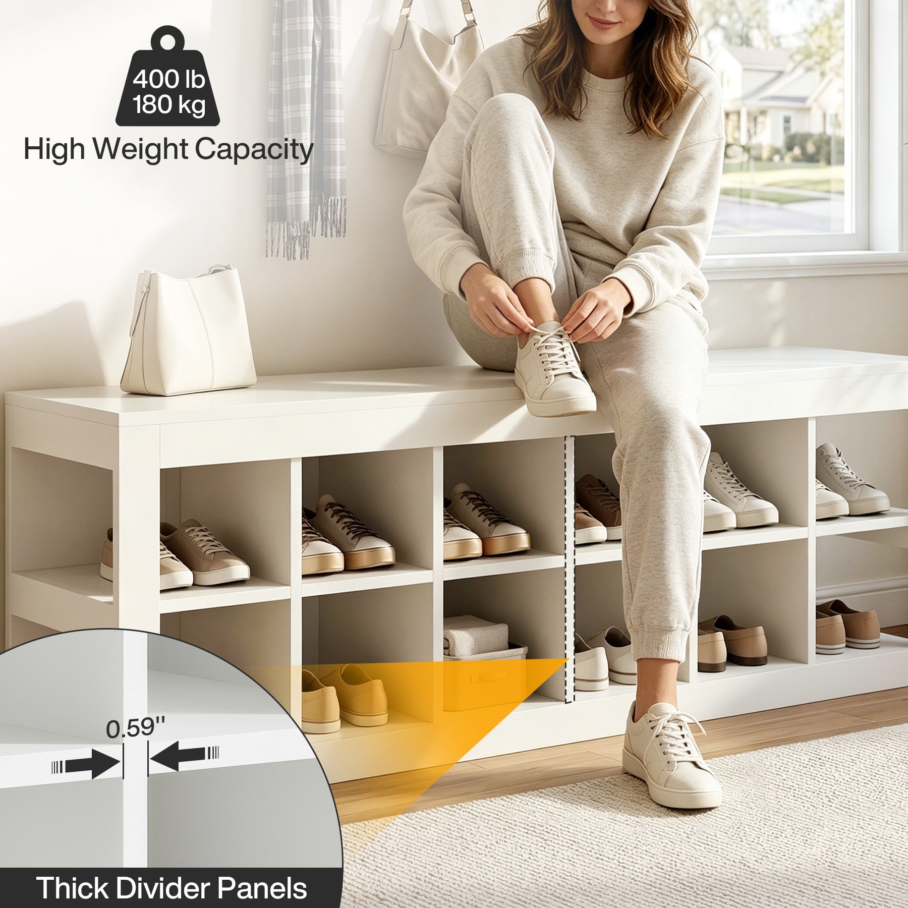 52.36" Shoe Storage Bench with 12 Cubbies, Wooden Entryway Bench for Hallway