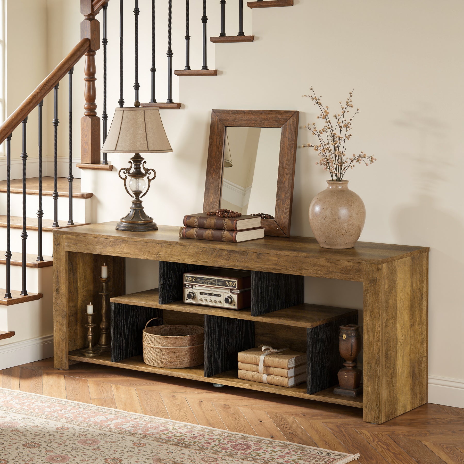 63-Inch Low Sofa Console Table with Storage Shelves, Rustic 3-Tier Entryway Table for Living Room