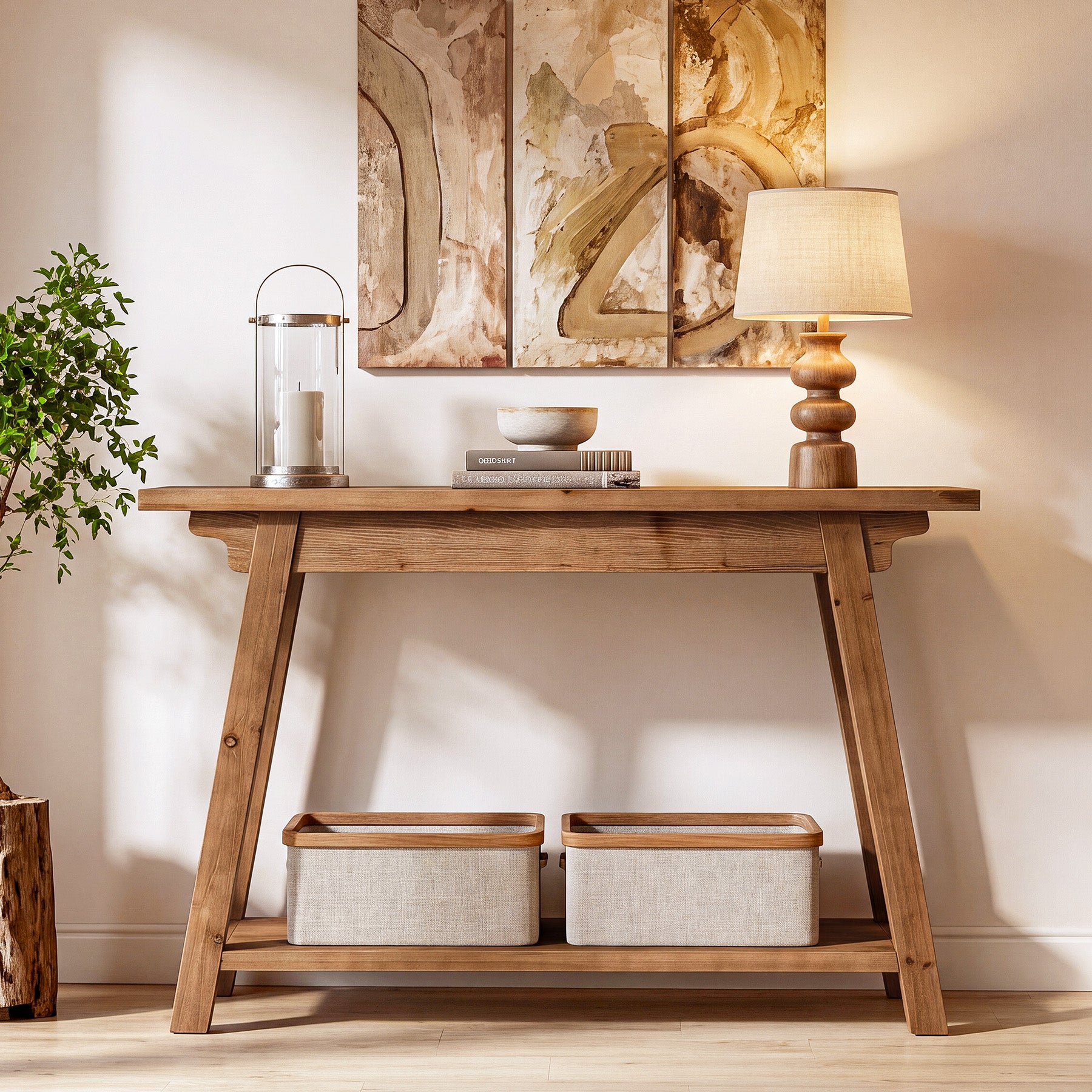 41.3" Solid Wood Console Table, 2-Tier Farmhouse Entryway Table with Stable A-Frame