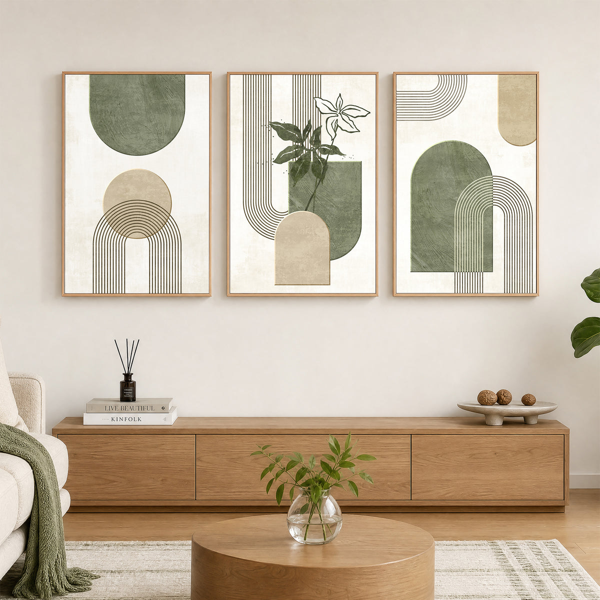 Geometric Modern Abstract Canvas Wall Art, Farmhouse Botanical Leaf Picture Hanging Artwork for Bedroom Bathroom Office Decor