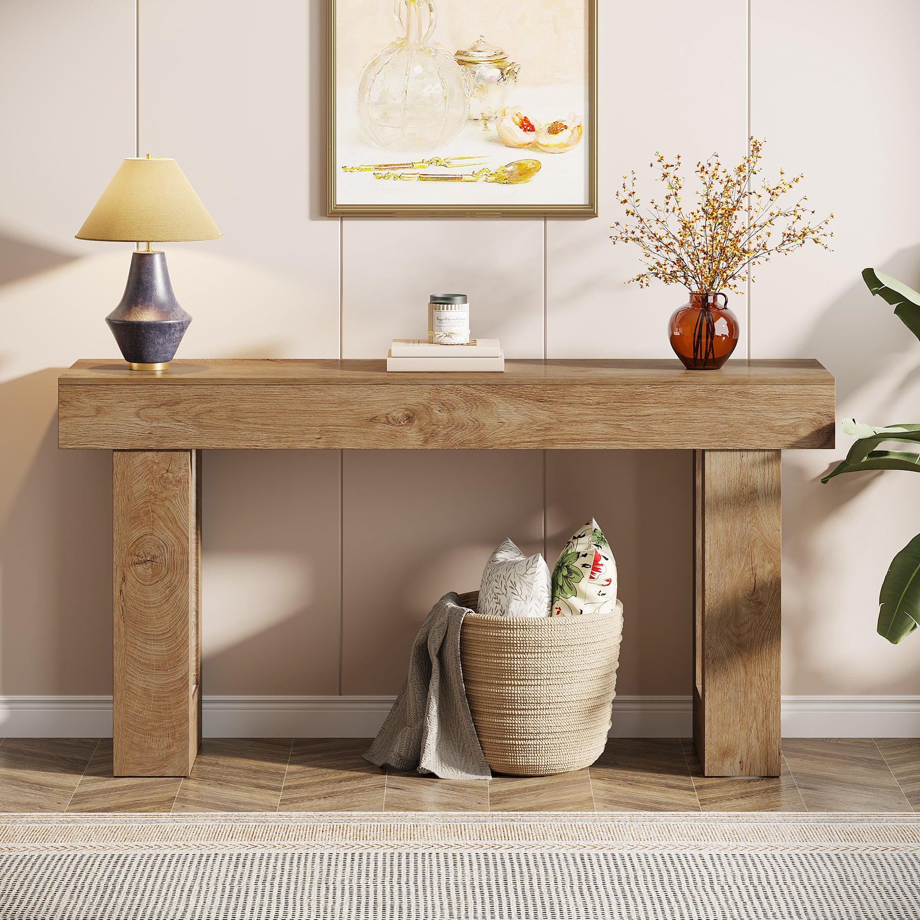 63" Console Table, Rectangular Sofa Table with Thick Legs Behind Couch