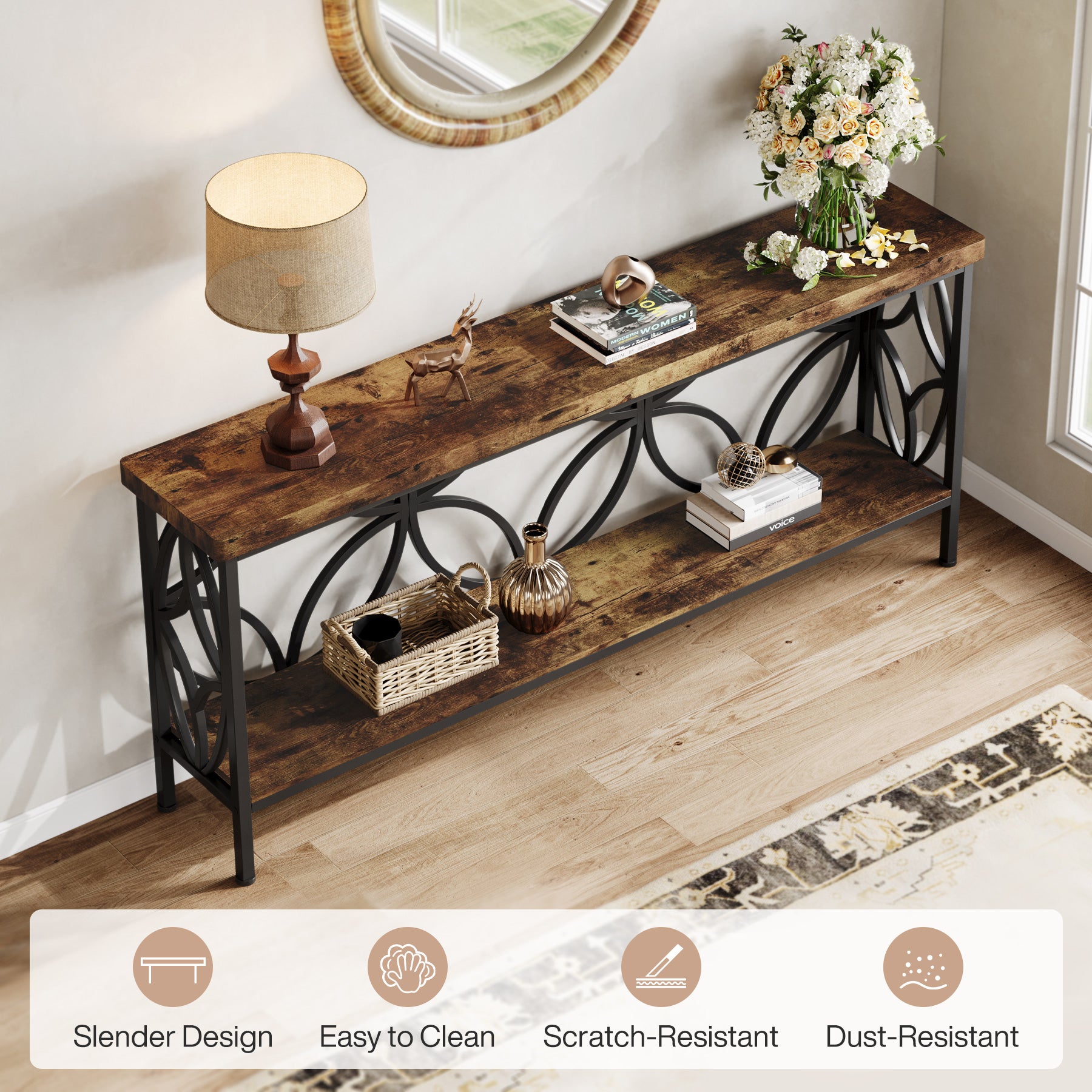 70.9" Sofa Table, 2-Tier Industrial Console Table Behind Couch