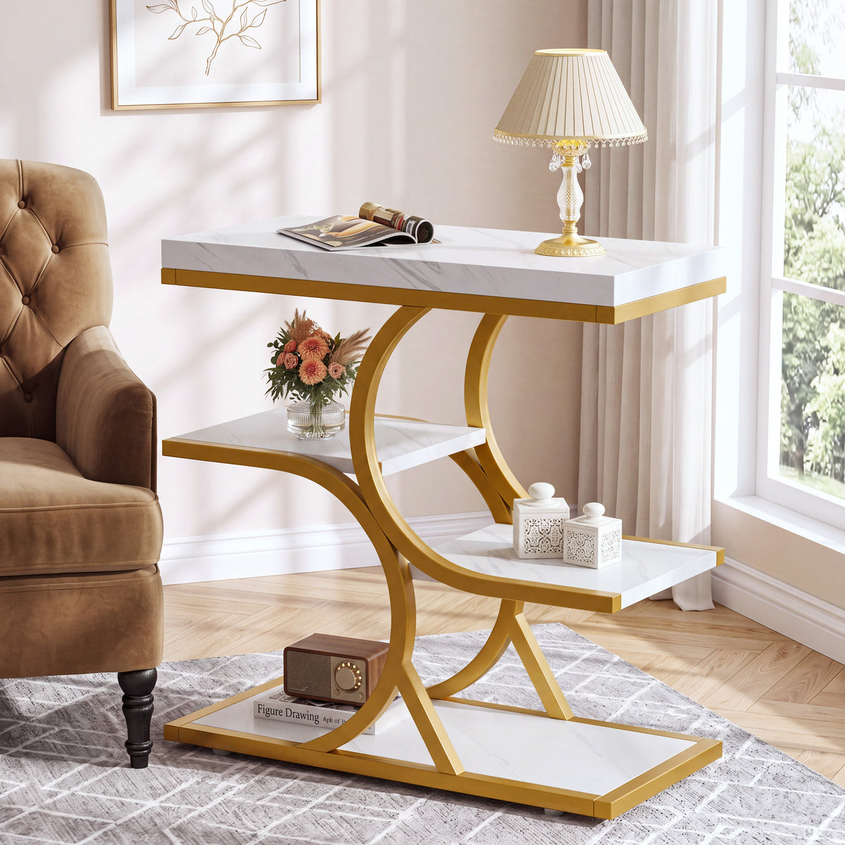 23.62" End Table with 4-Tier Shelf, Narrow Side Table with Metal Frame for Small Spaces