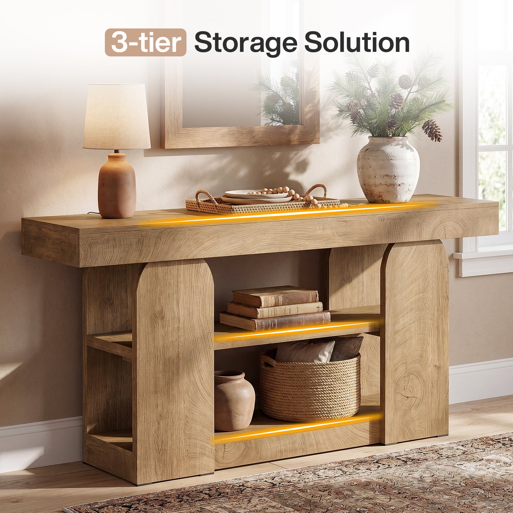 63" Farmhouse Console Table with Storage Shelves, 3-Tier Narrow Entryway Sofa Table for Hallway & Living Room