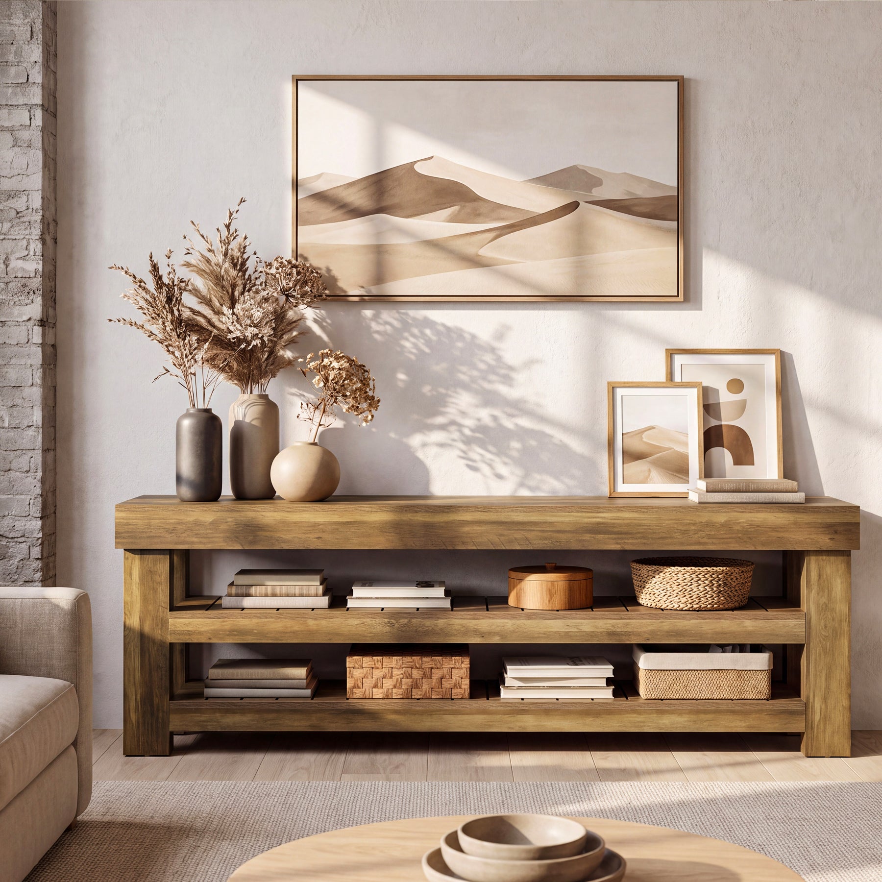 71" Extra Long Console Table with 2 Shelves, Narrow Rustic Farmhouse Sofa Table, Entryway