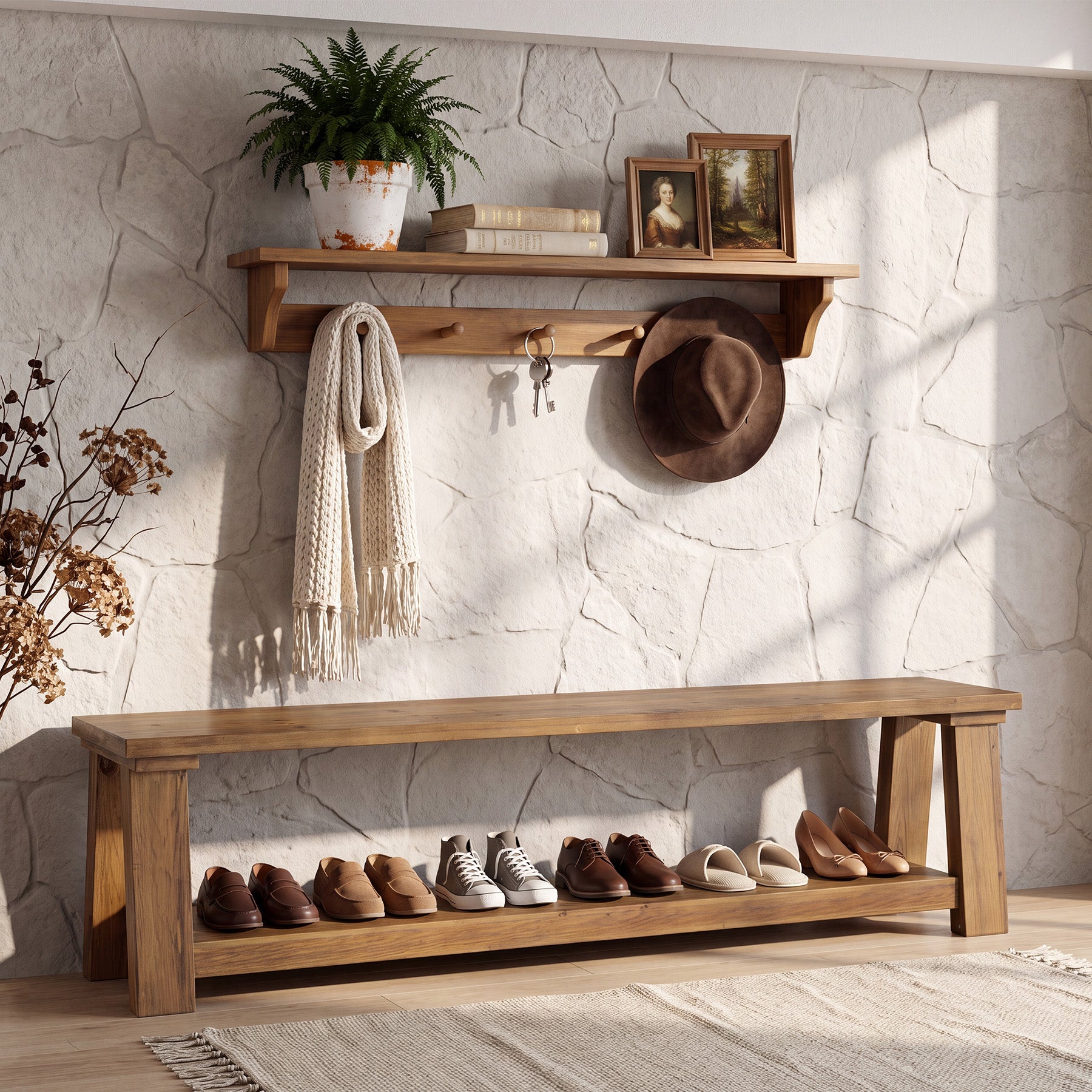70.87" Solid Wood Entryway Bench, 2-Tier Shoe Bench with Storage Shelf for Hallway