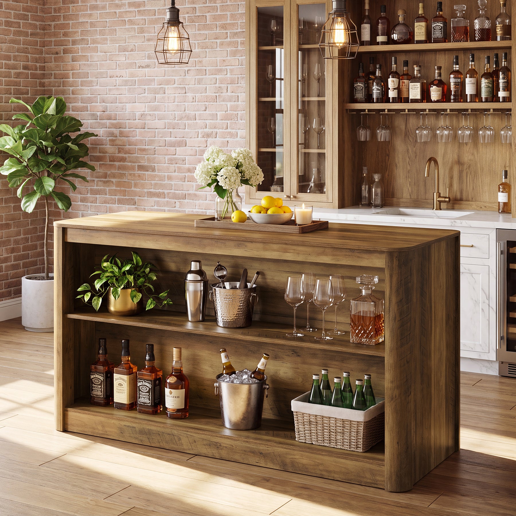 59" Bar Table, Rectangle Counter Height Pub Table Home Bar Unit with Storage Shelves