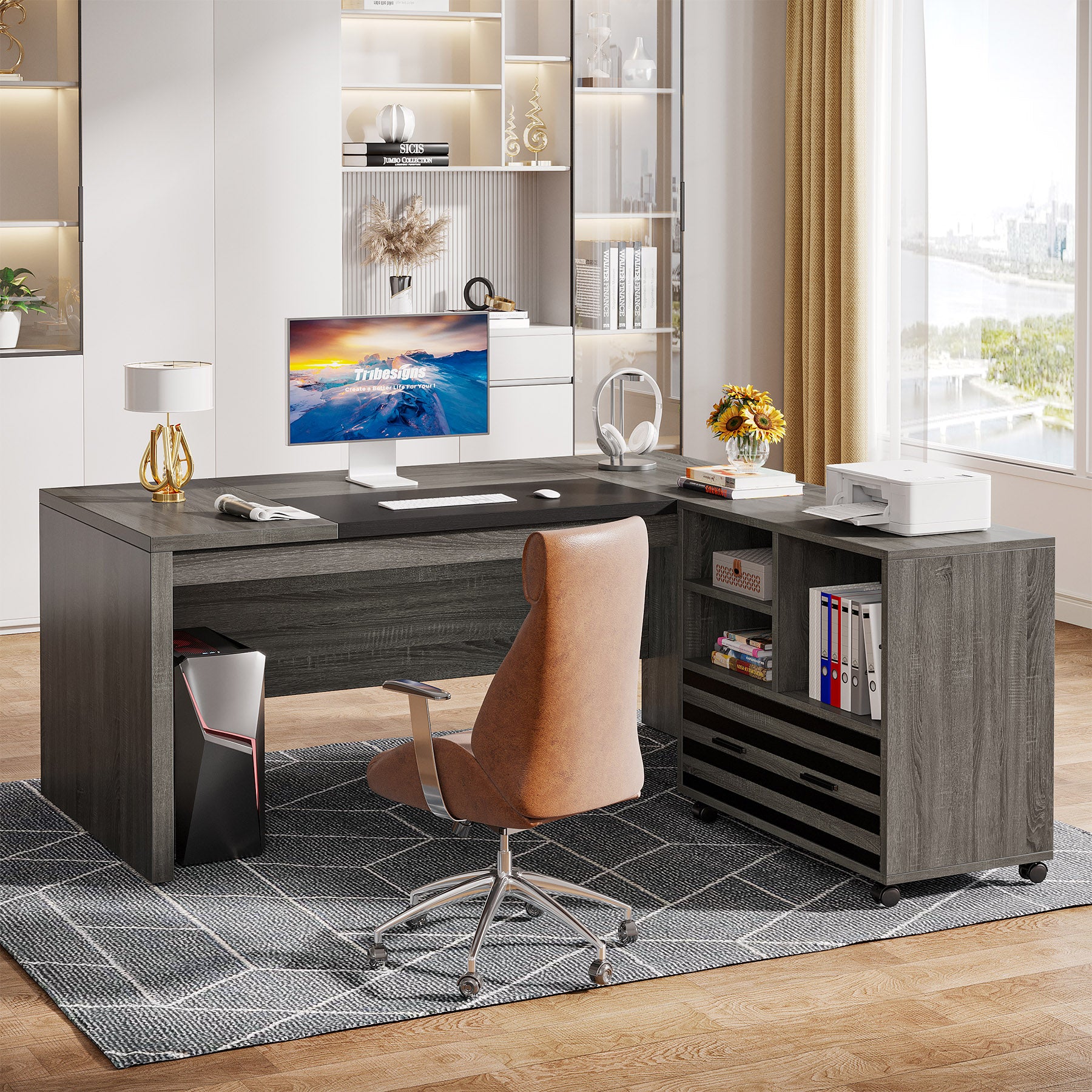66.2" L-Shaped Executive Desk, Computer Desk with Mobile File Cabinet