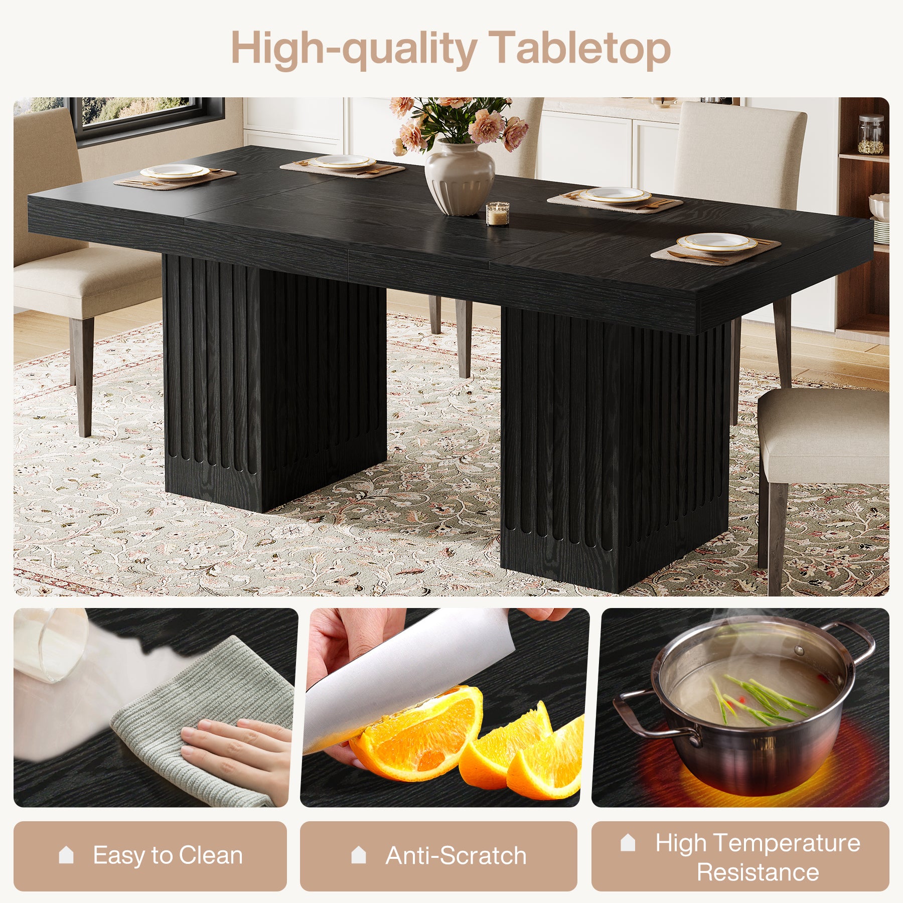 63" Dining Table for 4-6 People, Rectangular Kitchen Table with  Double Pedestal