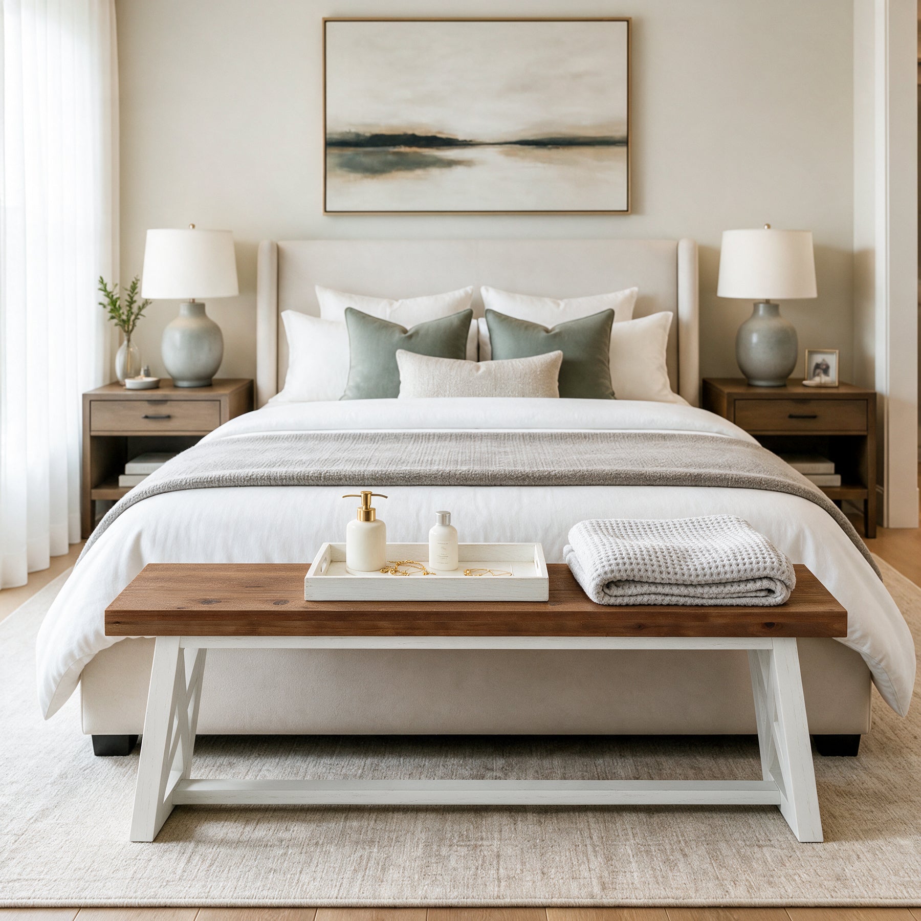 55" Two-Tone Farmhouse End of Bed Bench, Rustic Solid Wood, Bedroom Hallway