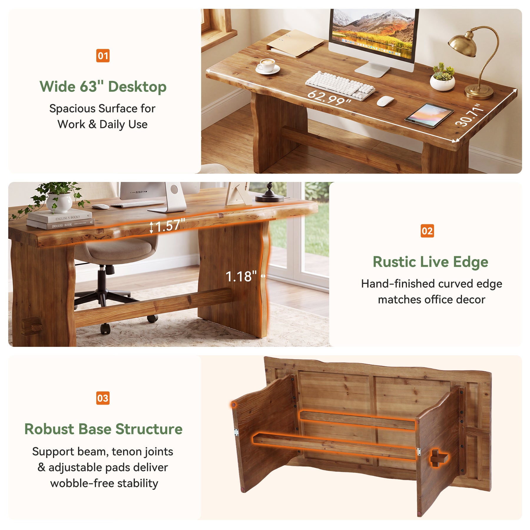 63" Solid Wood Executive Desk, Live Edge Computer Desk with Sturdy Panel Legs for Home Office