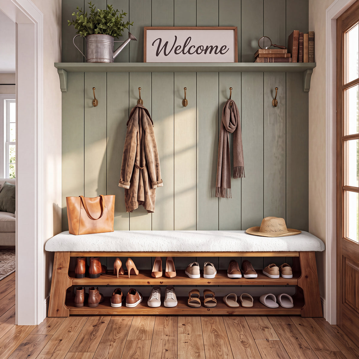 3-Tier Solid Wood Entryway Bench, 63" Shoe Bench with Faux Shearling Cushion for Hallway