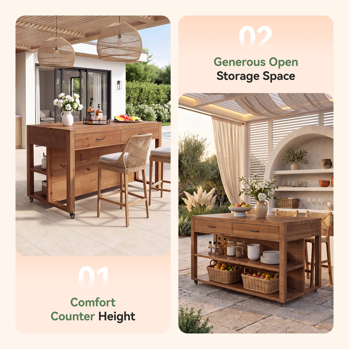 55" Rolling Kitchen Island, Solid Wood with 4 Drawers, Seating Space & Lockable Casters