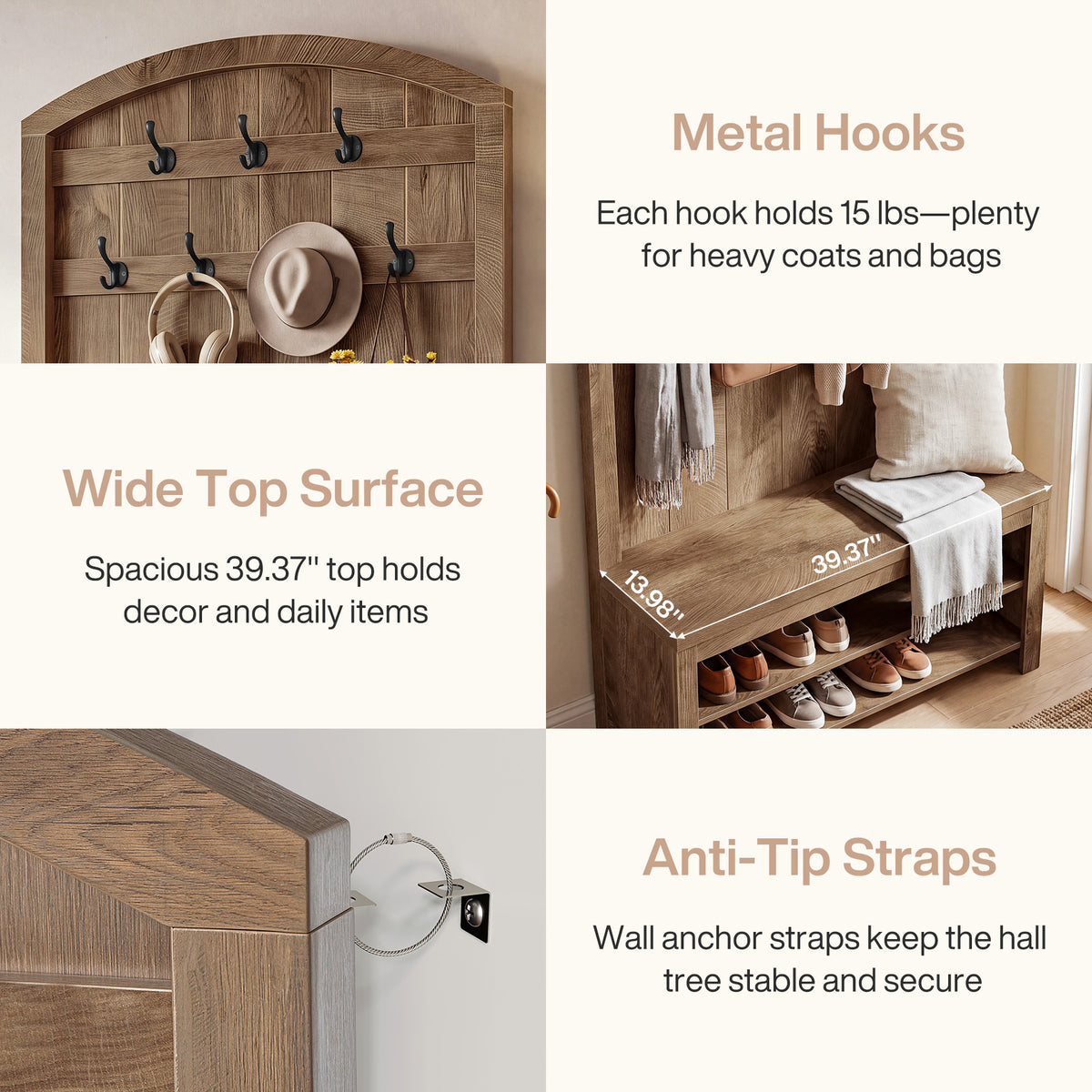 70.9" Hall Tree with Coat Rack and Shoe Storage, 3-in-1 Farmhouse Entryway Organizer with 7 Hooks