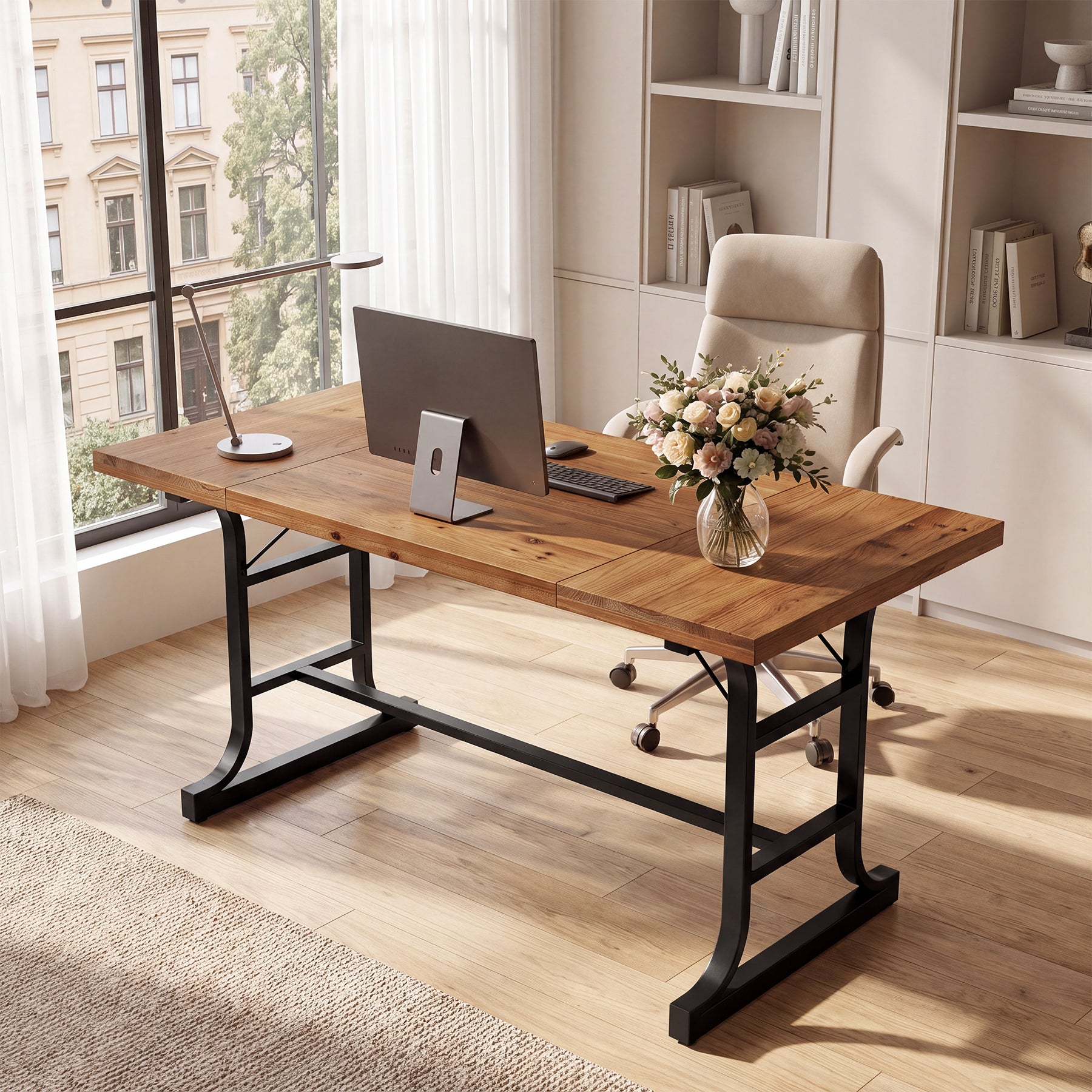 63" Solid Wood Executive Desk with Metal Legs, Farmhouse Home Office Computer Desk