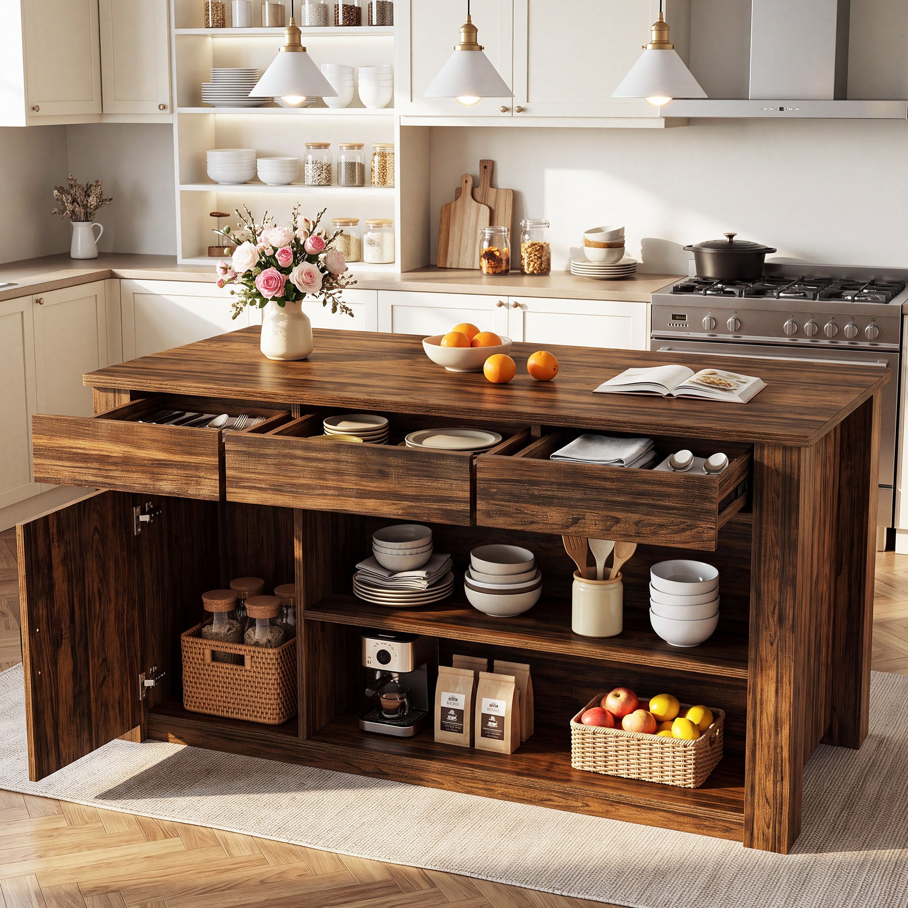 70.87" Kitchen Island with 3 Drawers, Cabinet and Open Shelves