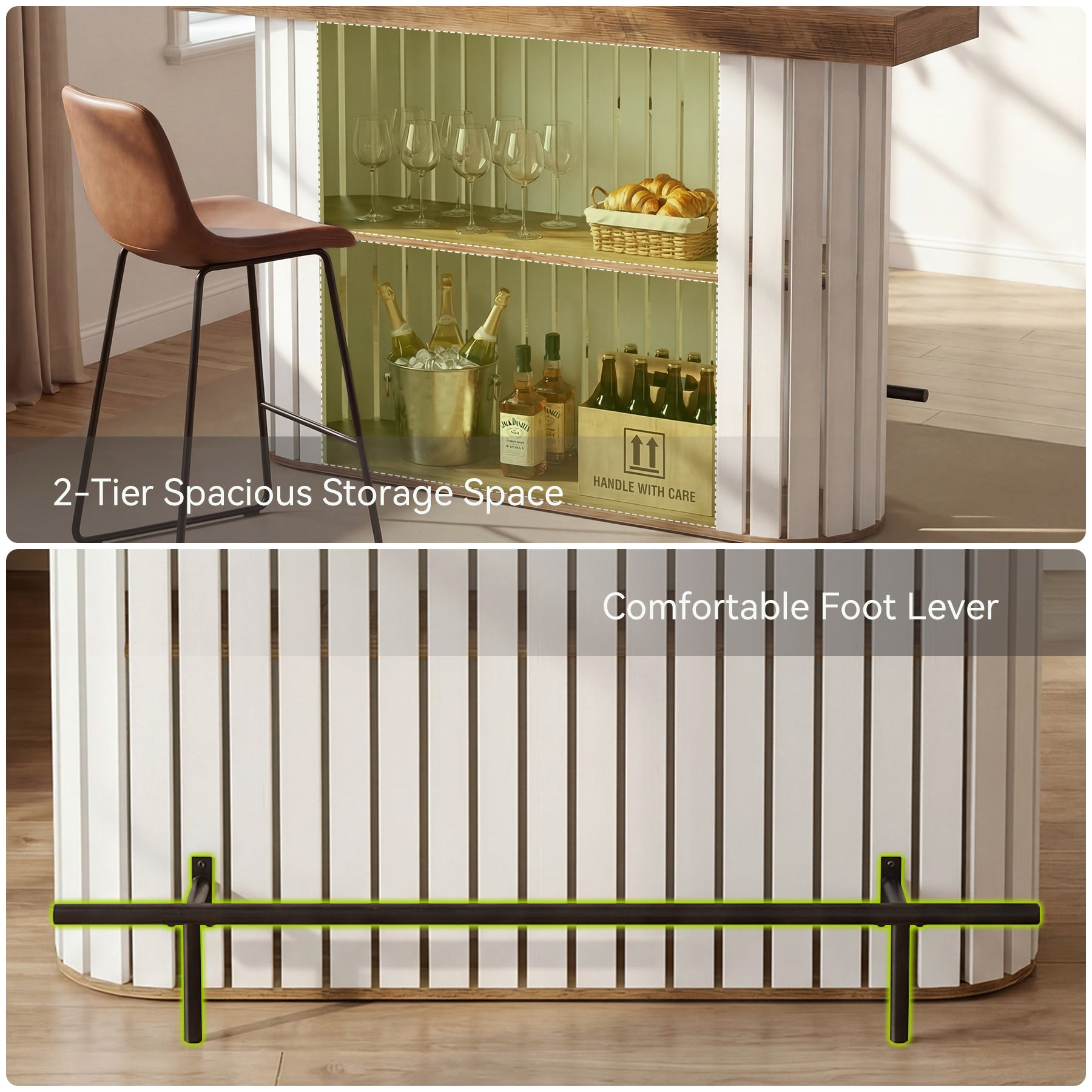 63" Counter Height Bar Table for 4-6, Modern Pub Table with 2-Tier Storage & Slatted Design