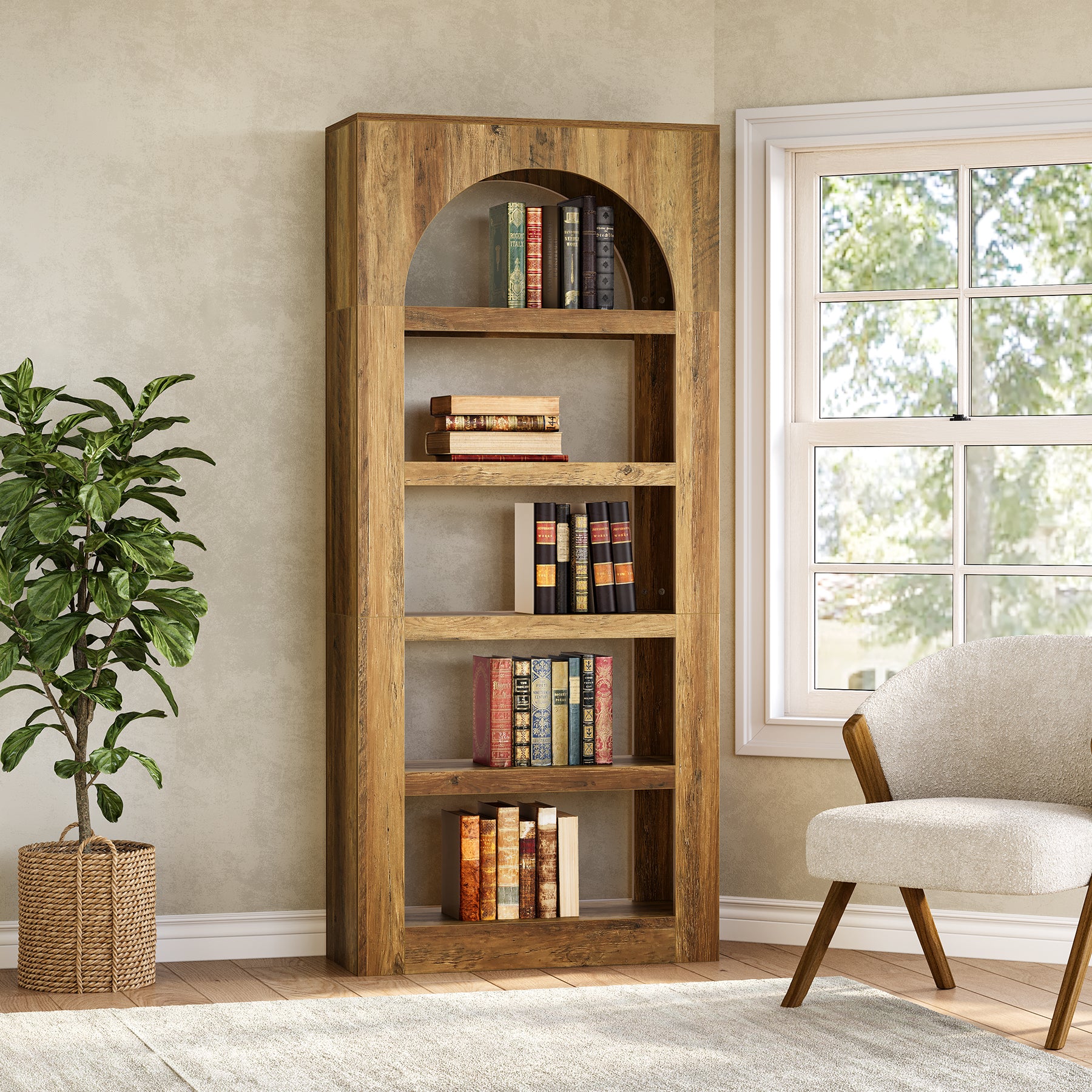 70.8" Arched 5-Tier Bookshelf, Modern Wooden Bookcase with Open Storage for Living Room, Bedroom & Office