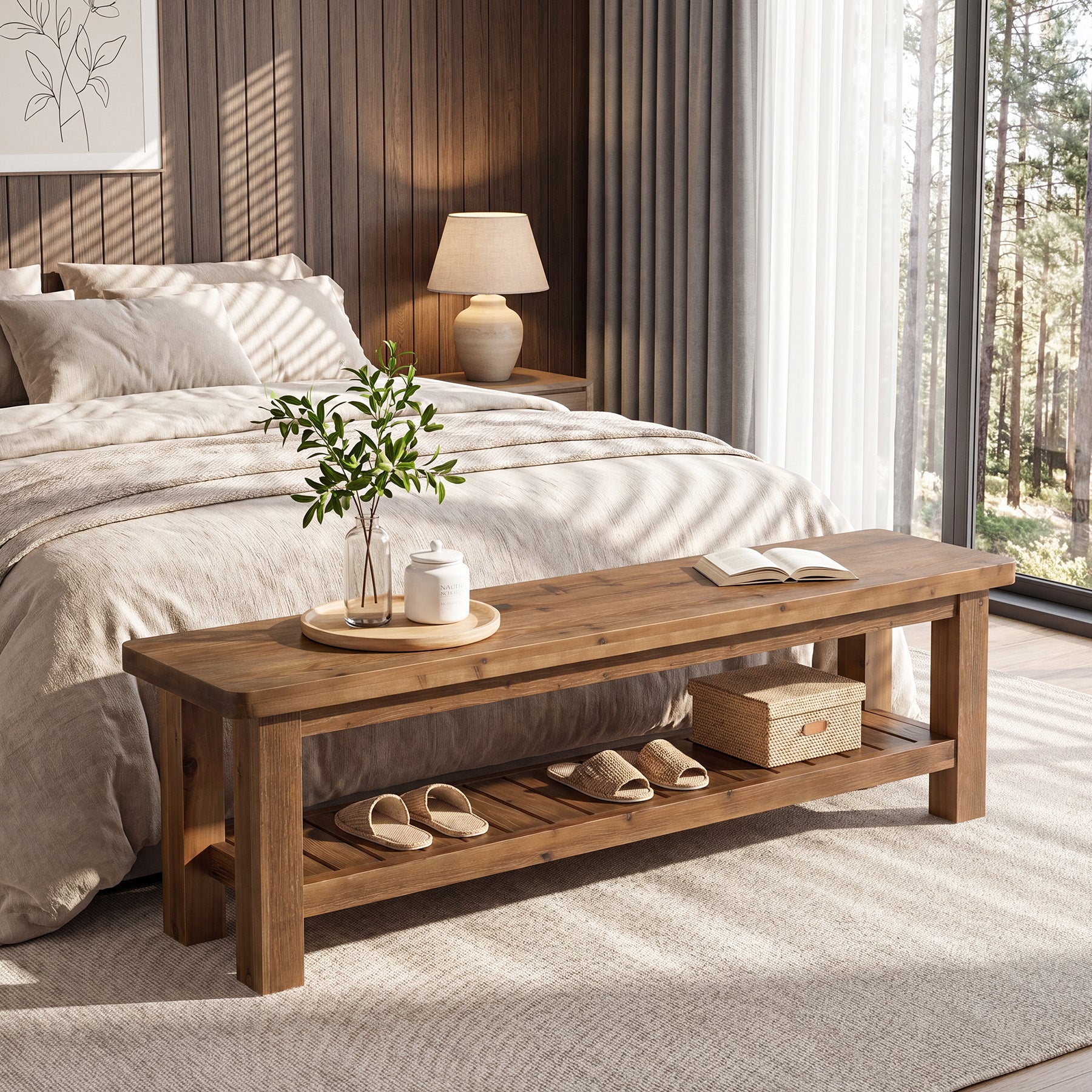 63" Solid Wood Entryway Bench with Storage, 2-Tier Farmhouse Shoe Bench for Hallway