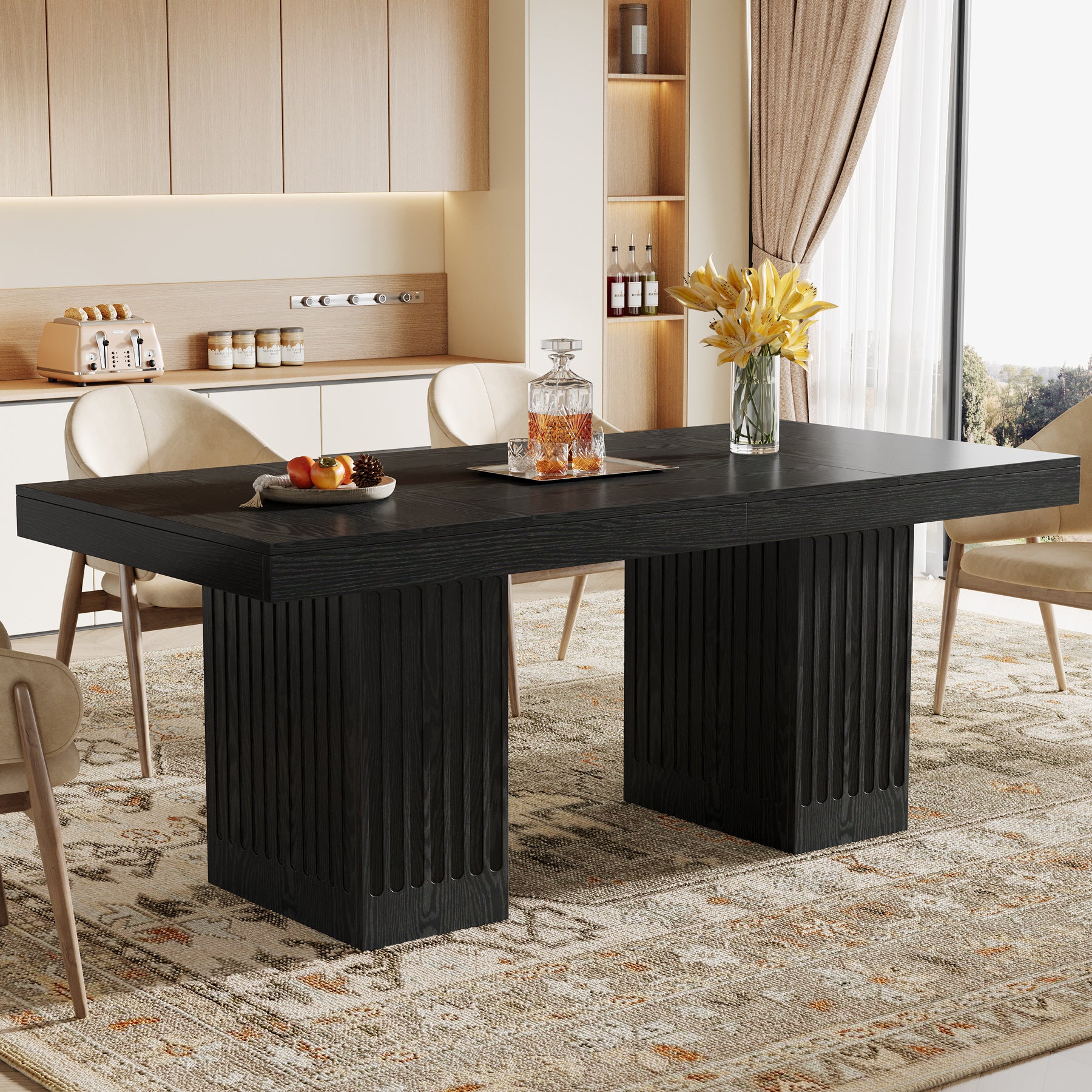 63" Dining Table for 4-6 People, Rectangular Kitchen Table with  Double Pedestal