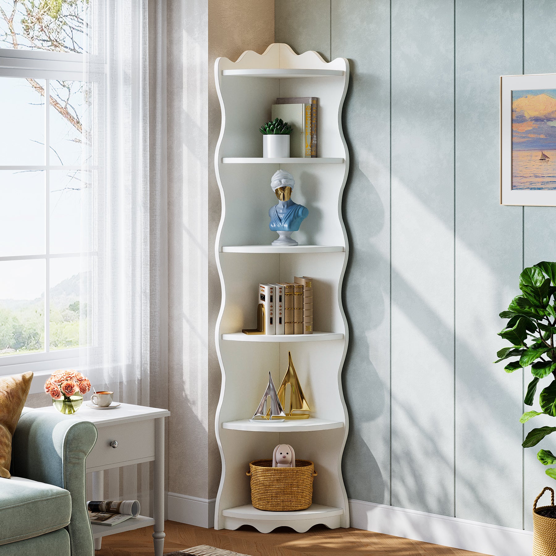 5-Tier Corner Shelf, 70.8" Corner Bookshelf Wavy Shaped Display Rack