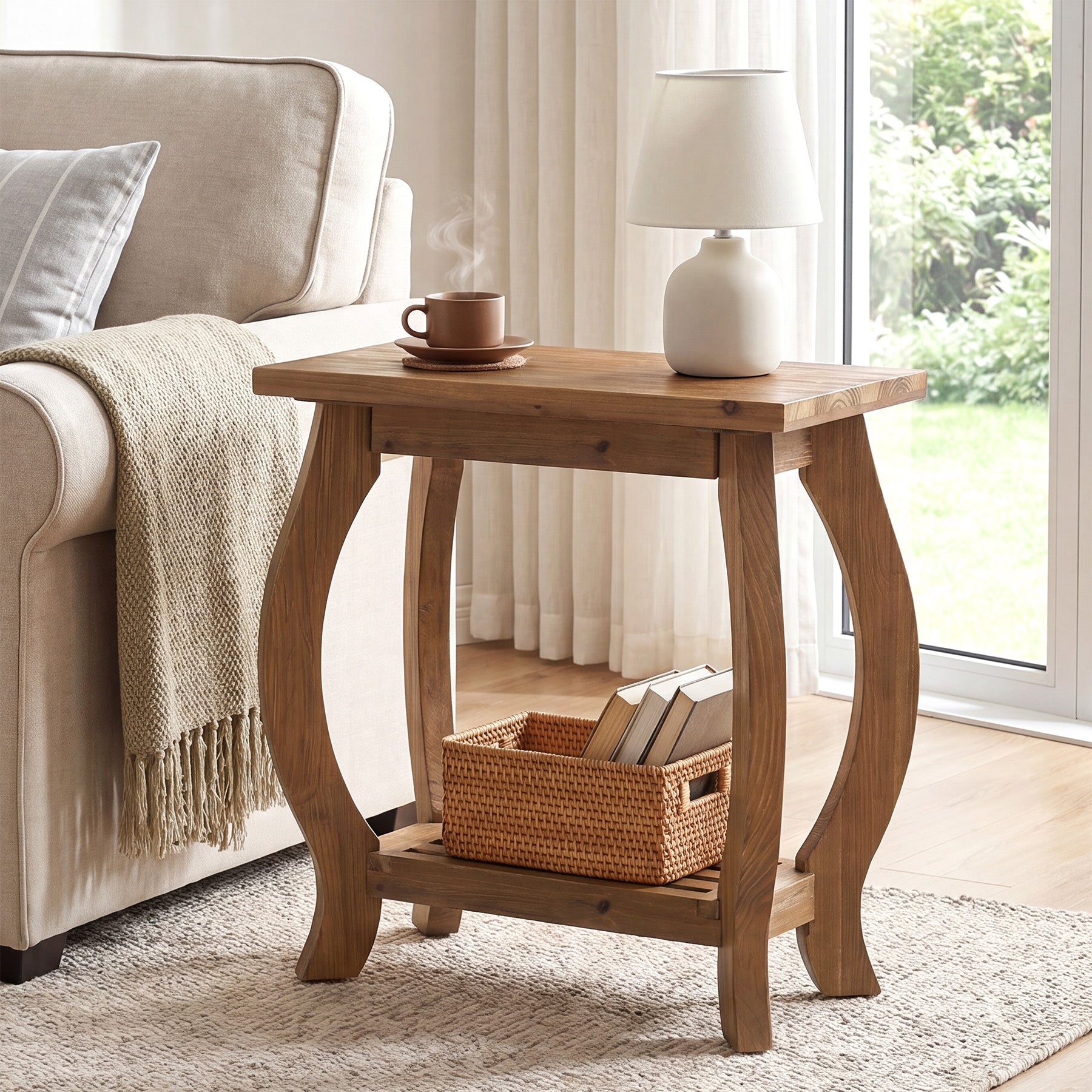 2-Tier Solid Wood End Table, Narrow Side Table with Shelf & Curved Legs for Small Spaces