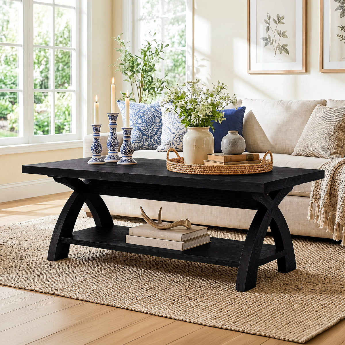 Tribesigns 47.24-Inch Solid Wood Coffee Table, X-Leg Center Table for Living Room