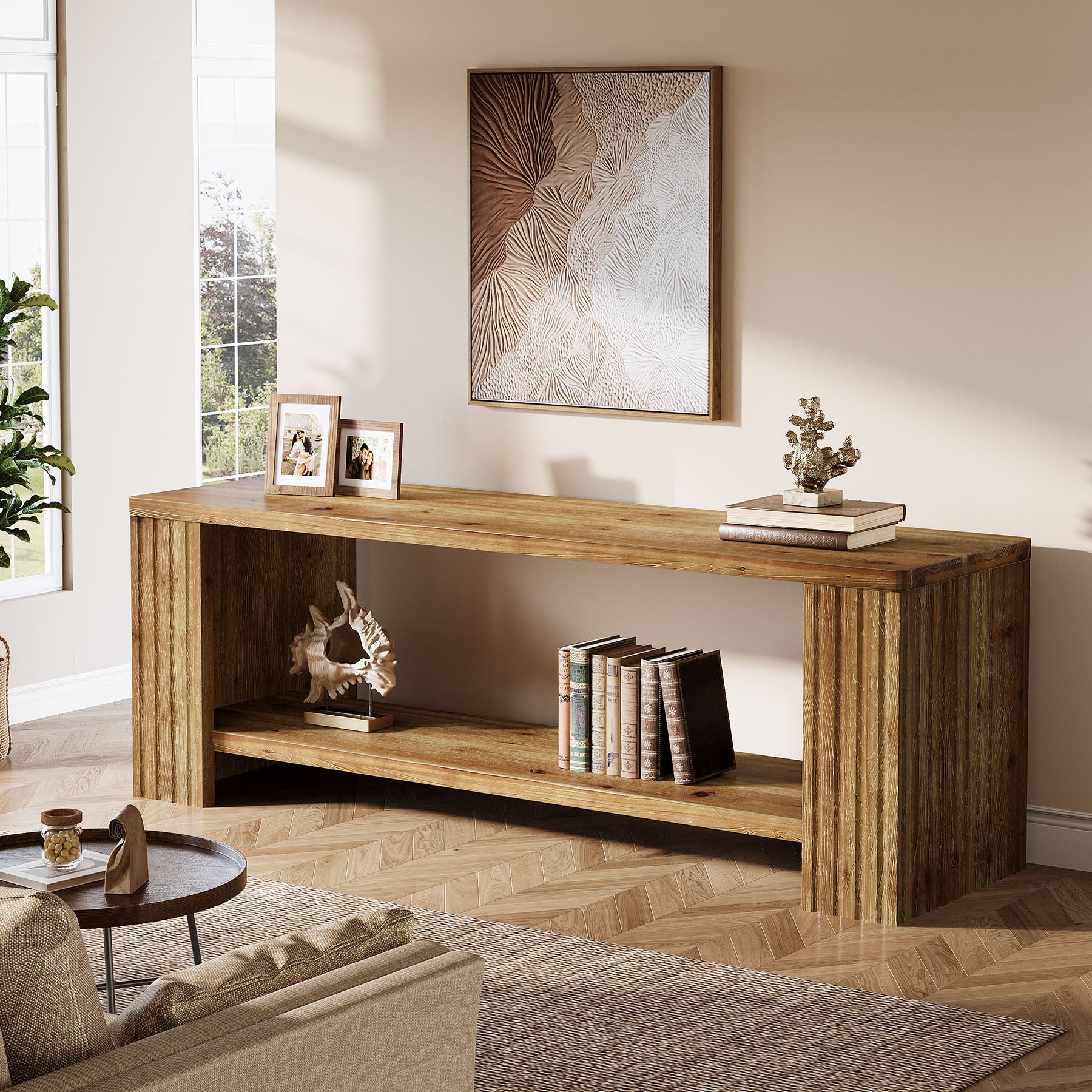 Solid Wood TV Stand, 63" Entertainment Center with 2-Tier Storage Shelf