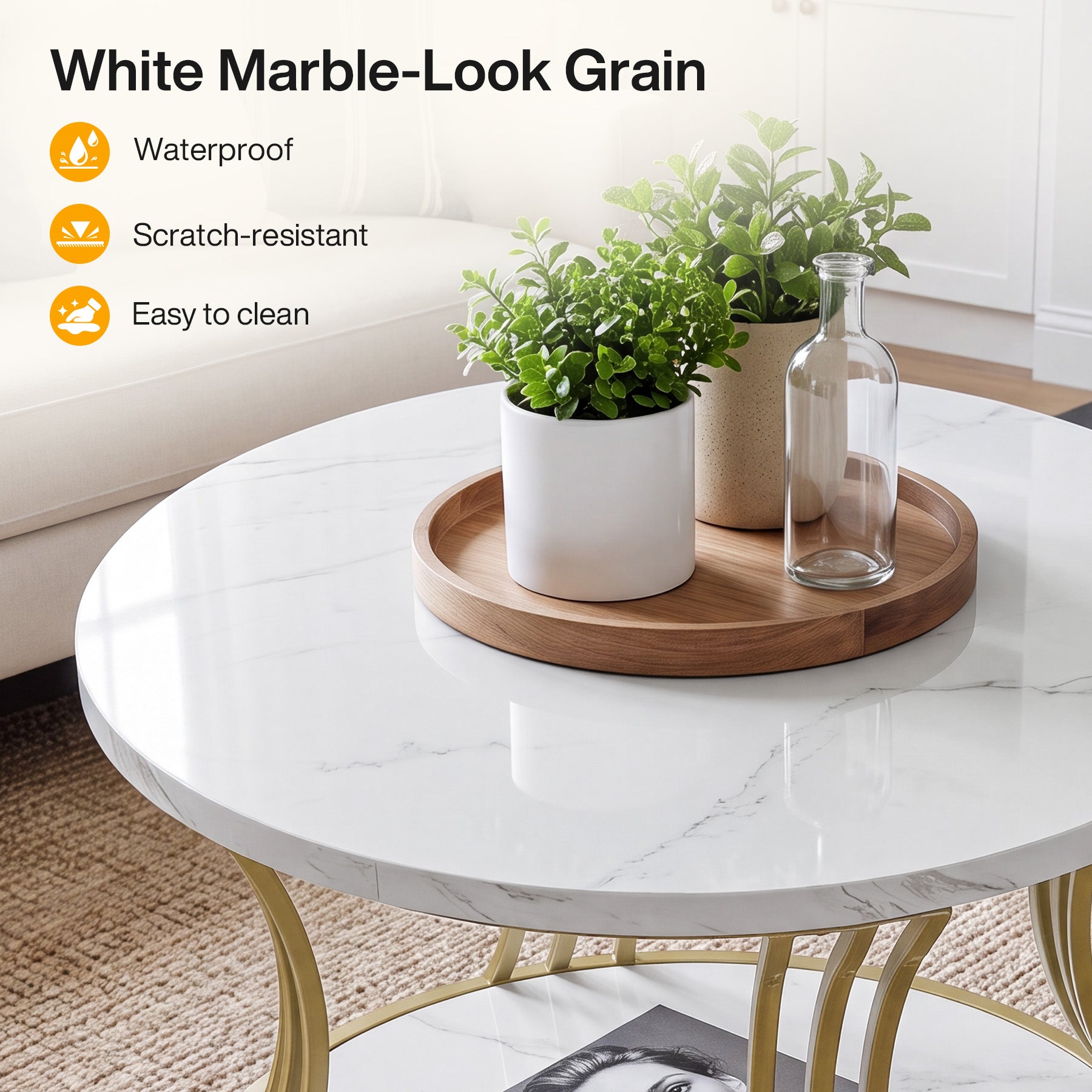 31.5" Round Coffee Table, 2-Tier Modern Faux Marble Center Cocktail Table