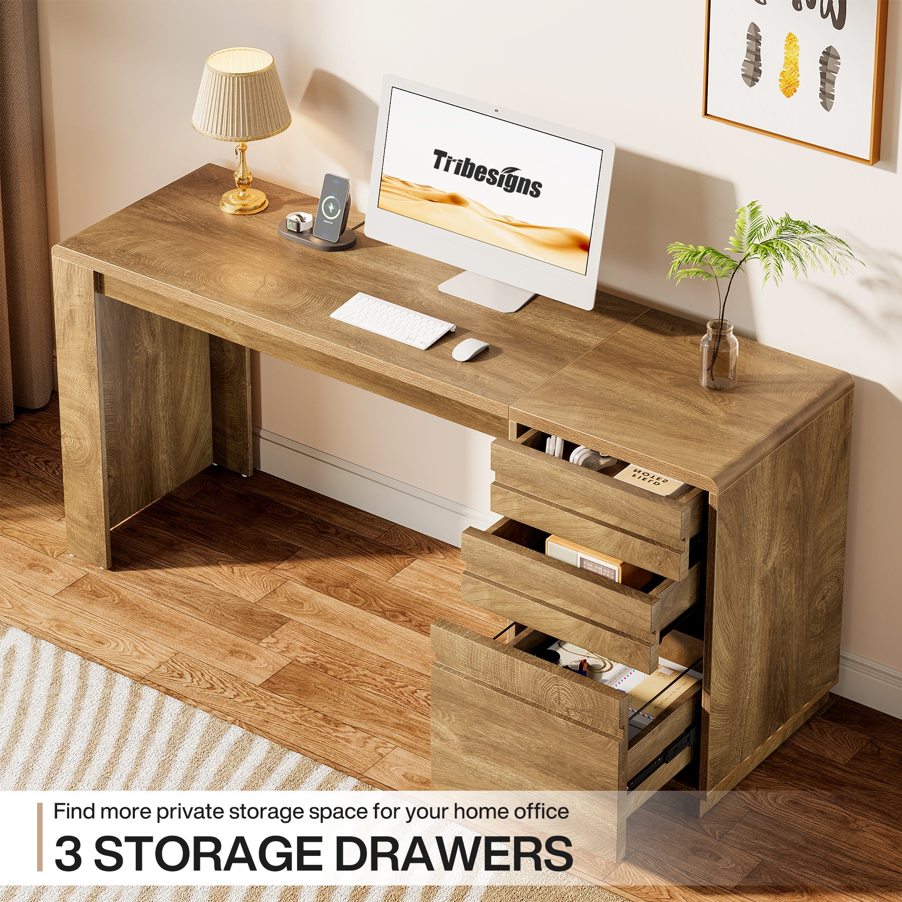 55" Computer Desk, Farmhouse Executive Desk with 3 Drawers Storage Cabinet