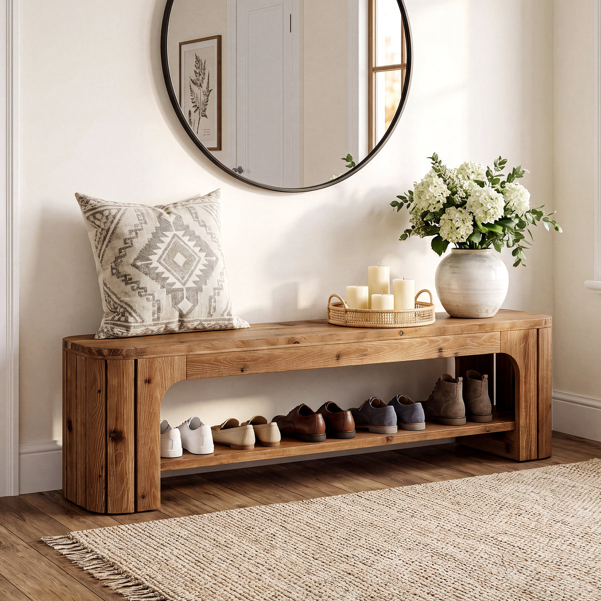 63" Solid Wood Entryway Bench, 2-Tier Open Shoe Storage, Rustic Hallway Bench