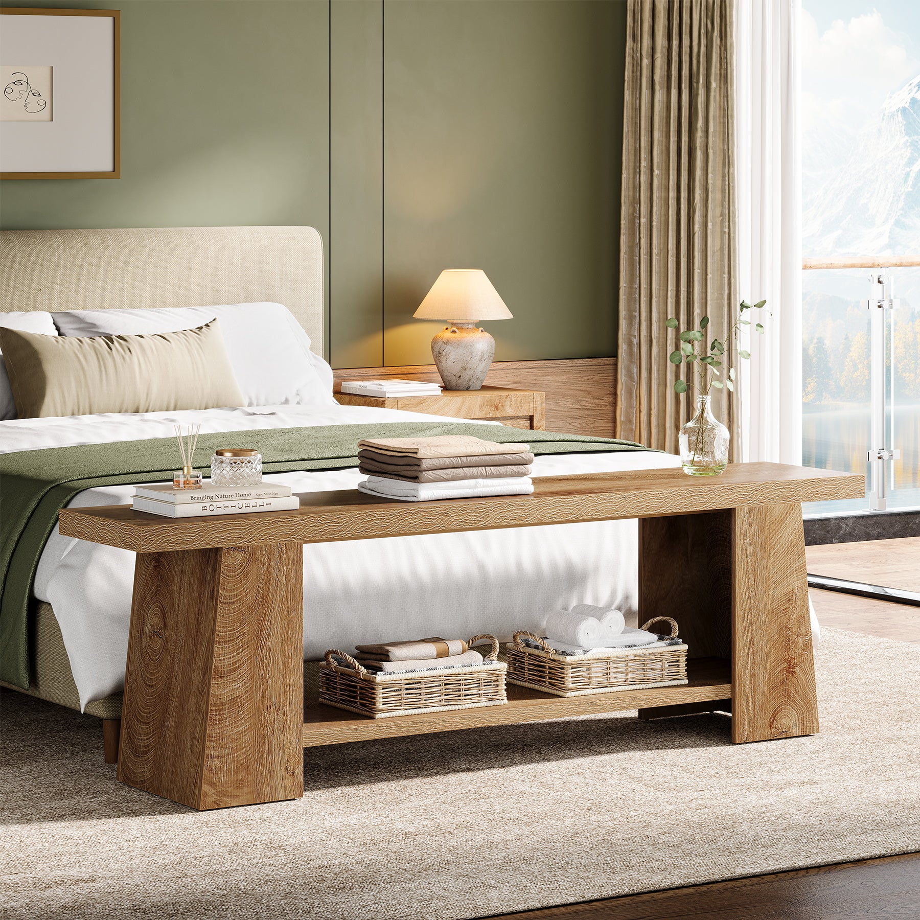 2-Tier Entryway Bench, 59" Shoe Bench End of Bed Bench with Storage Shelves