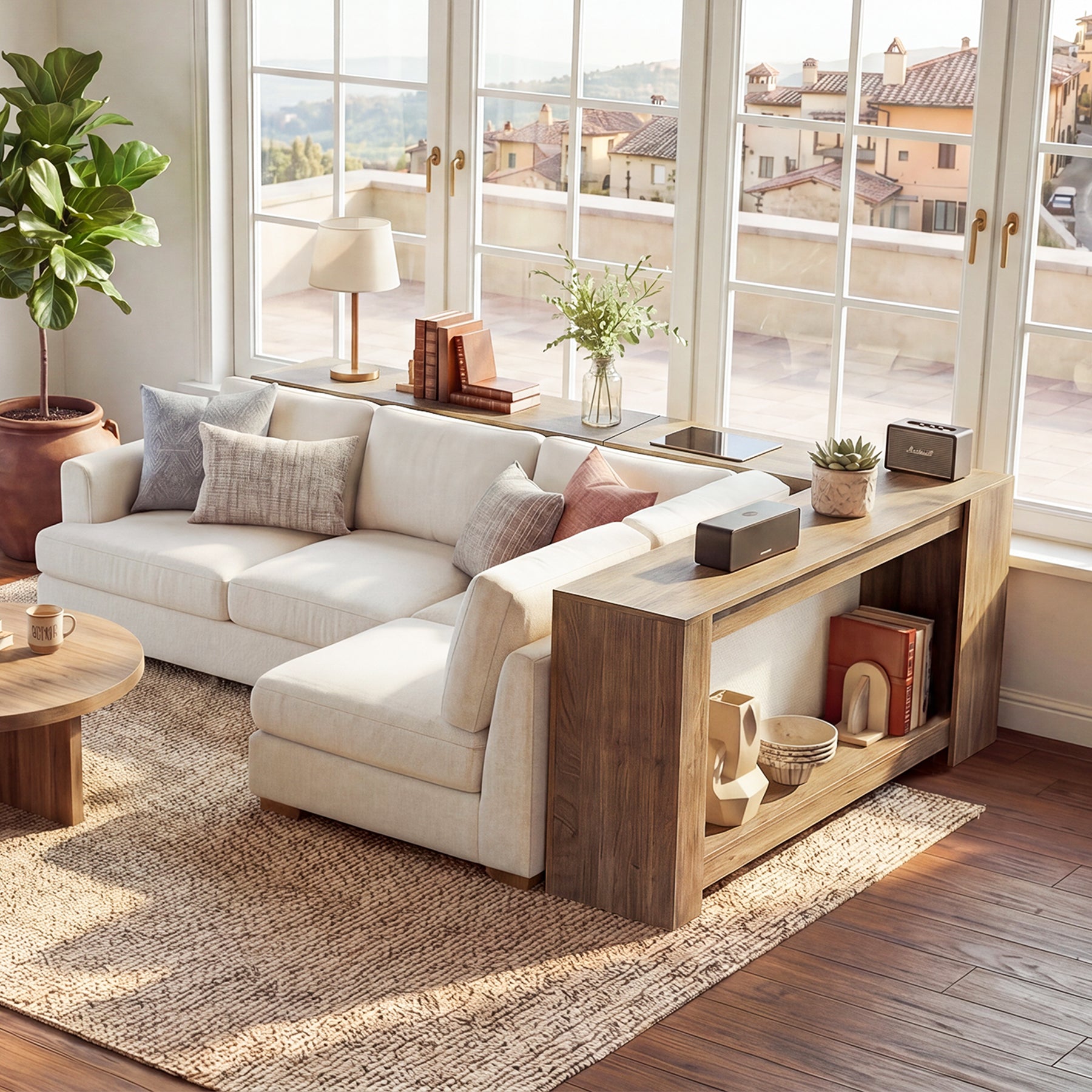 63" L-Shaped Sofa Table for Behind Couch, 2-Tier Storage Shelf for Living Room or Entryway Corner