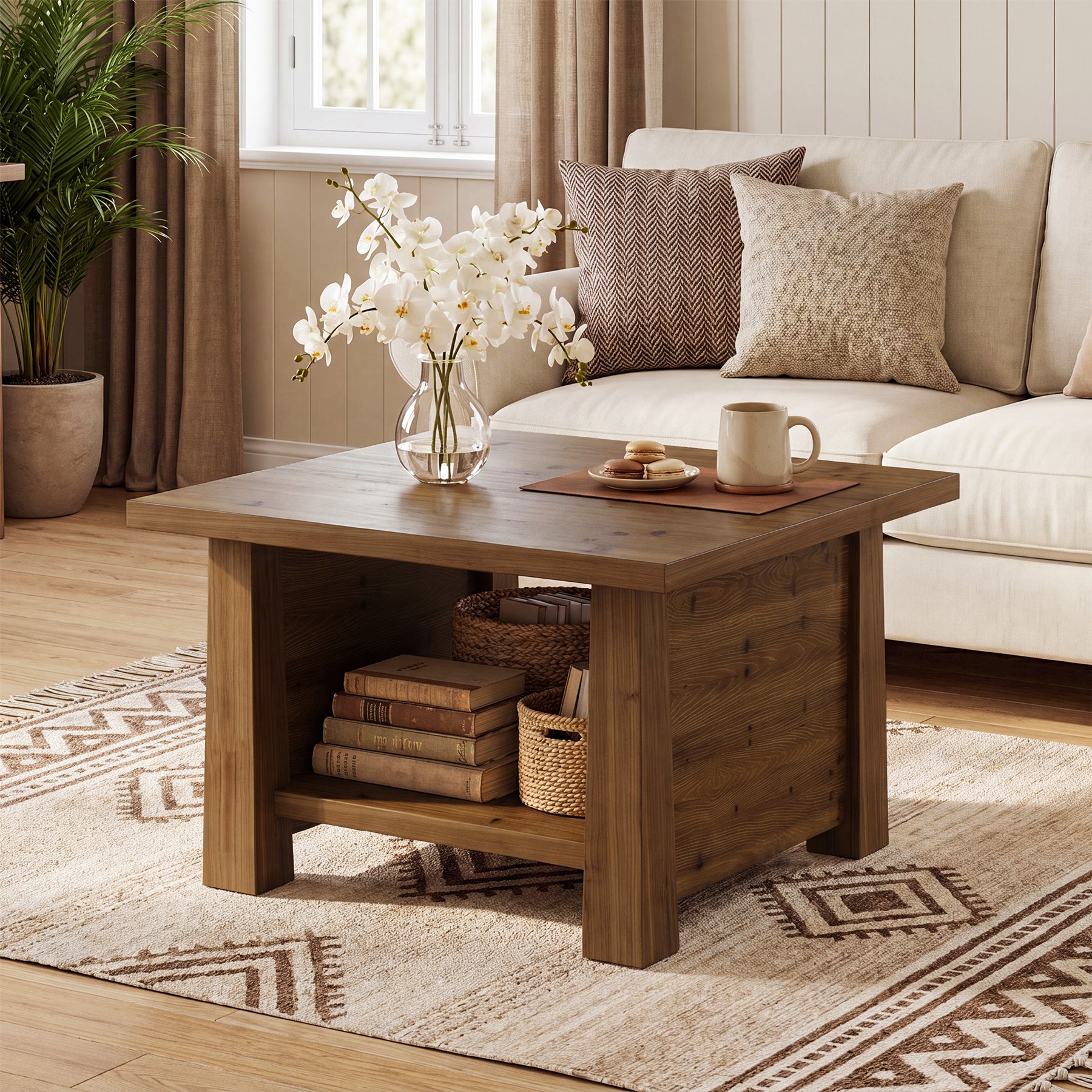 31.5" Solid Wood Coffee Table, Farmhouse 2-Tier Wooden Square Center Table