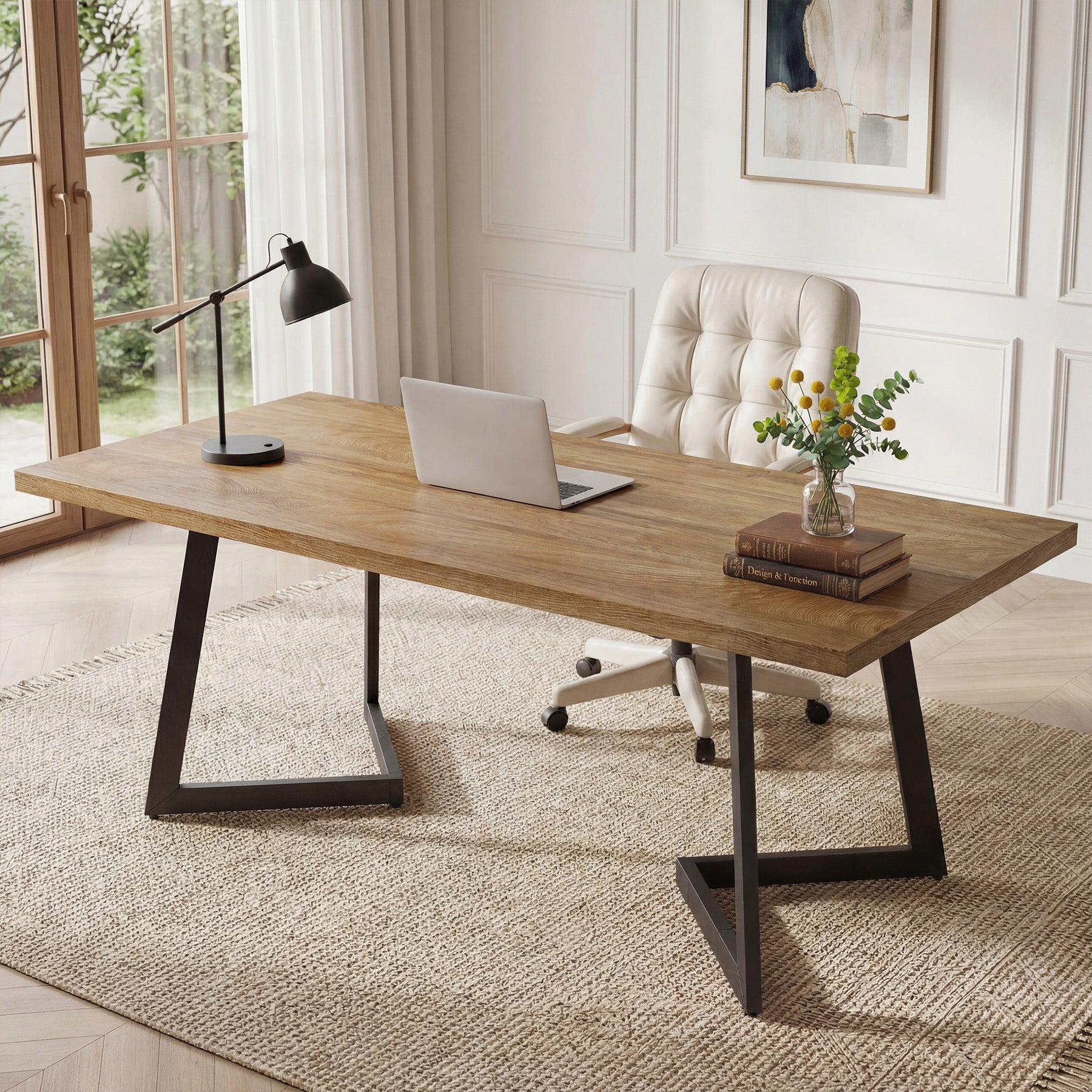 62" Industrial Office Desk, Modern Executive Computer Desk with Sturdy V-Shaped Metal Legs for Home Office
