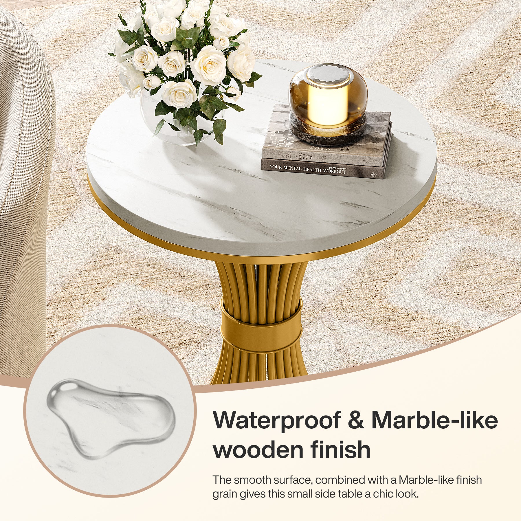Tribesigns 20-Inch Round End Table, Faux Marble Side Table with Gold Metal Base