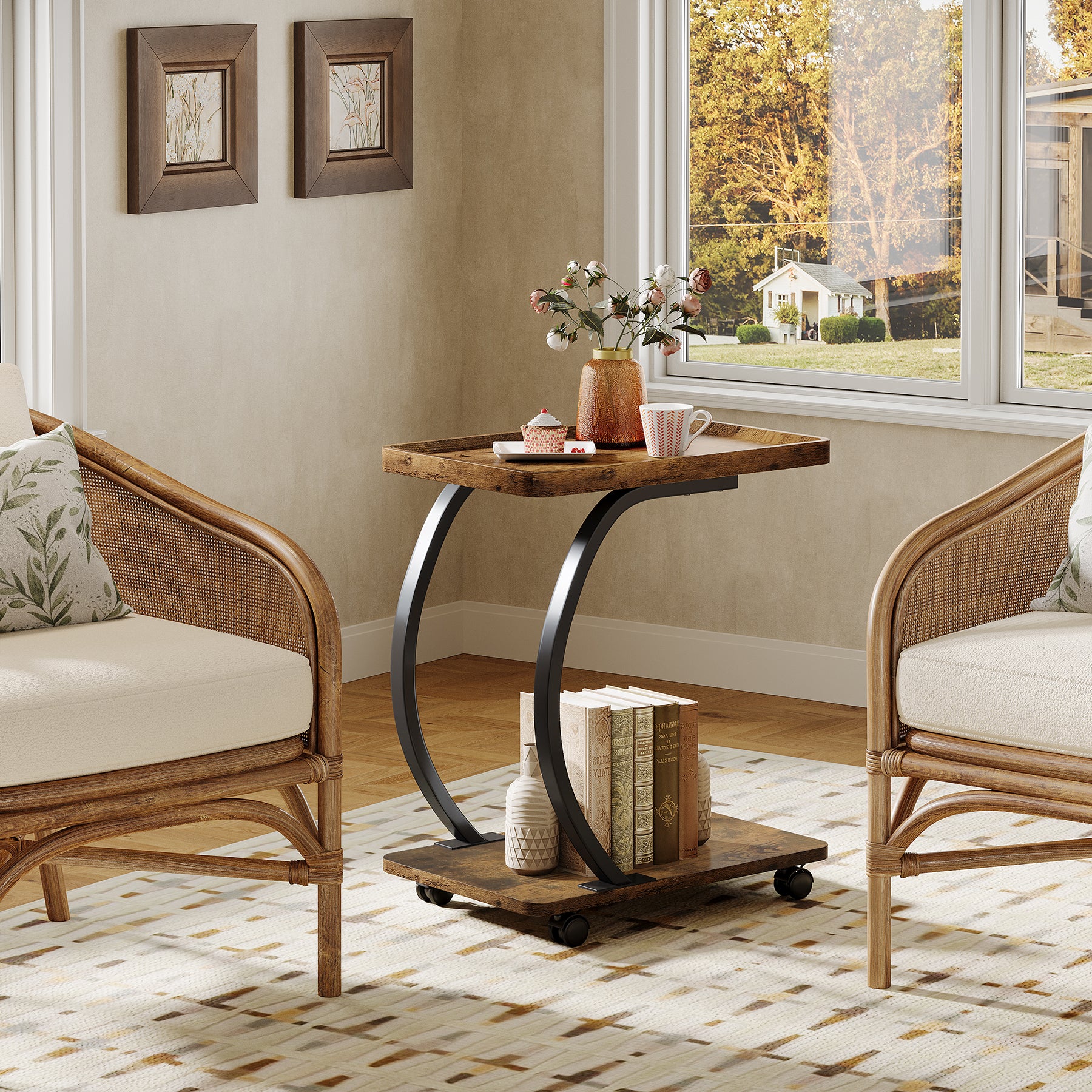 C-Shaped End Table, Industrial 2-Tier Side Table with Wheels